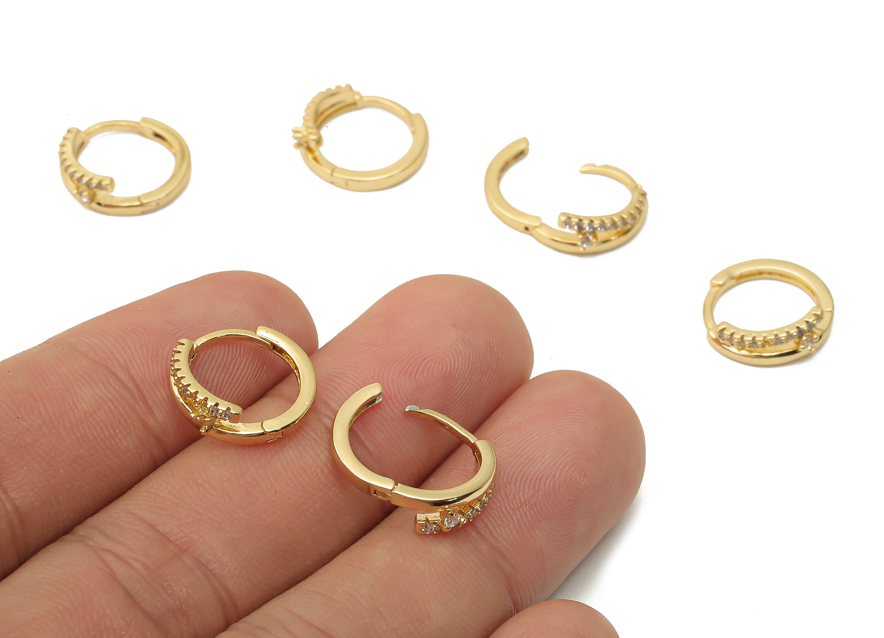 Brass Textured Earring Clasps With Zircon - Gold Plated Round Clasps - Huggie Hoop Clasps - 18K Real Gold Plated -14.96x13.82x1.62mm-RGP4991 - DOMEDBAZAAR