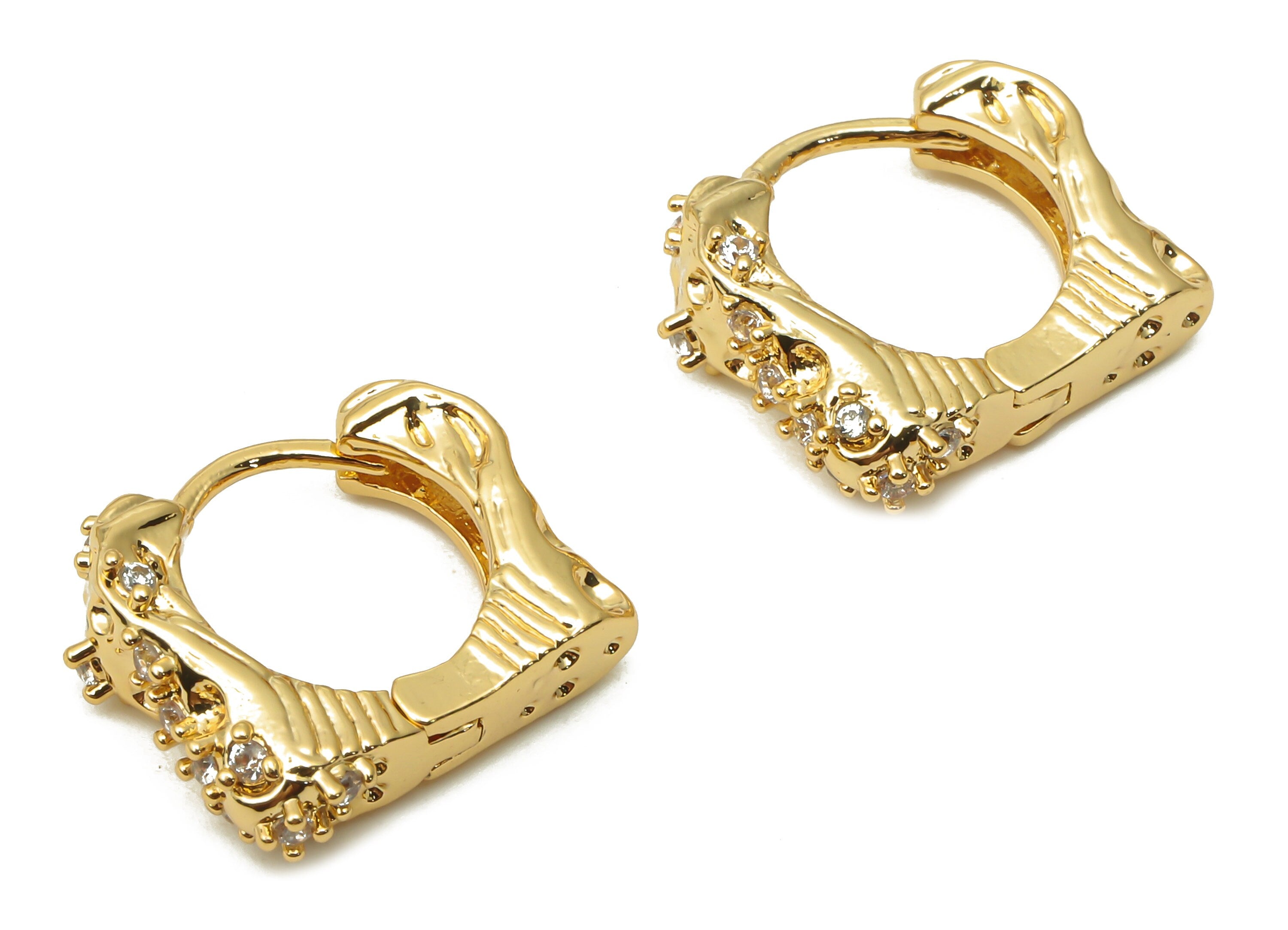 Brass Angled Huggie Hoop Earrings - Brass Textured Stud Earrings - Geometric Hoop Earrings - 18K Real Gold Plated -16.8x14.52x3.49mm-RGP4992 - DOMEDBAZAAR