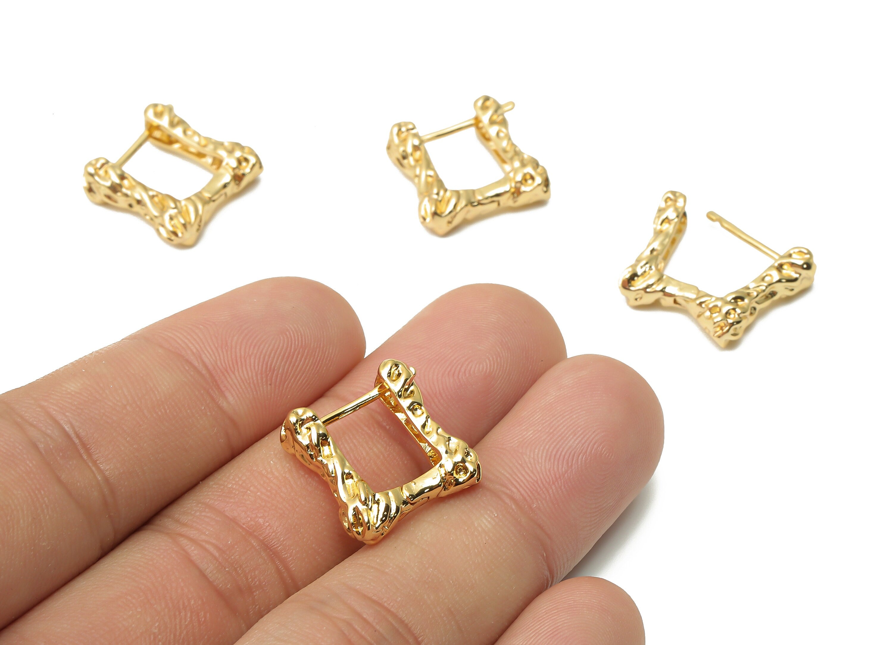 Brass Rectangle Spotted Earring - Brass Textured Angled Hoop - Geometric Huggie Hoop Earring- 18K Real Gold Plated-16.74x16.67x3.3mm-RGP4998 - DOMEDBAZAAR