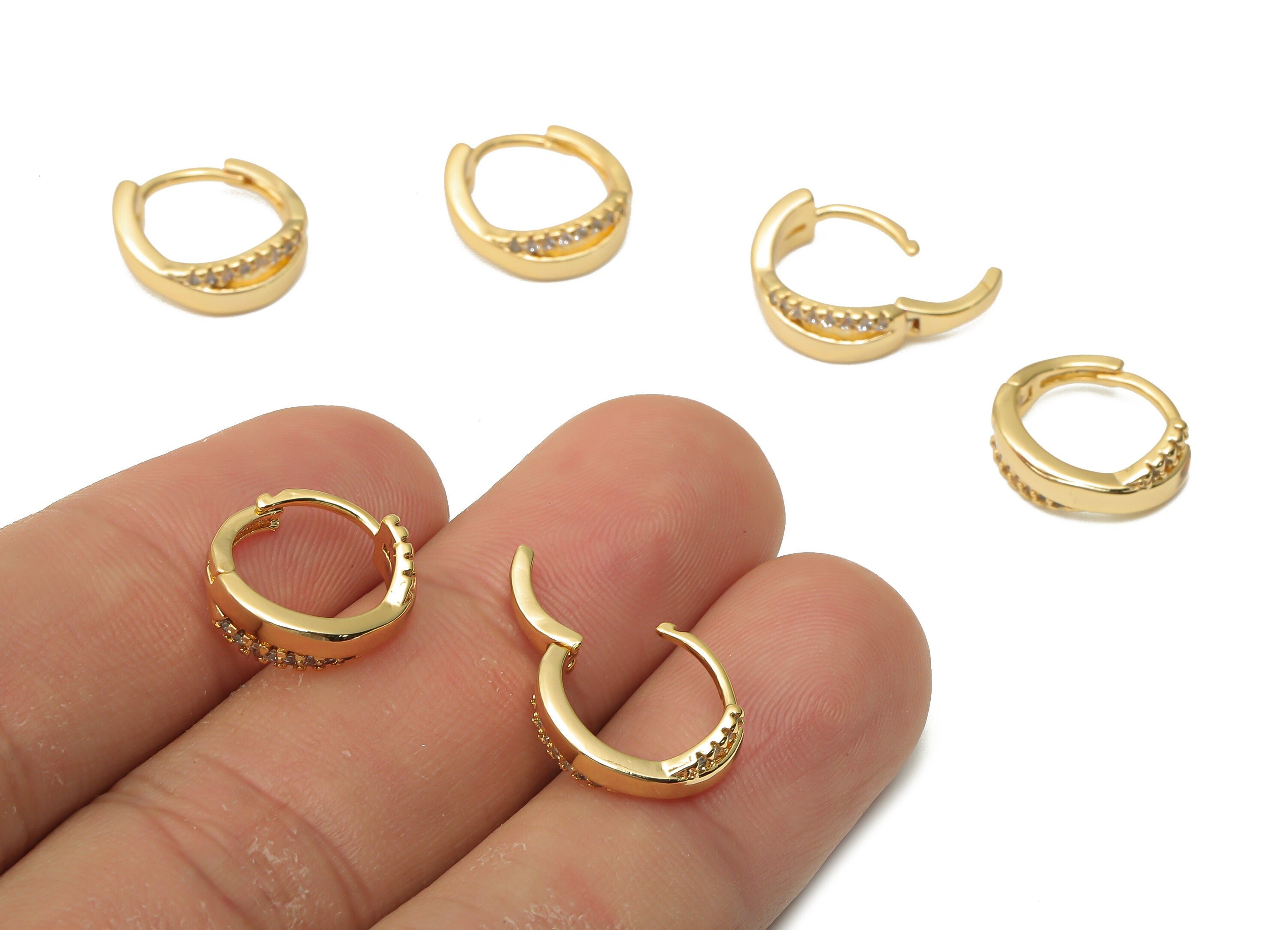 Brass Thick Earrings With Zircon - Gold Plated Round Hoop Claps - Brass Huggie Earring - 18K Real Gold Plated - 13.62x12.48x1.74mm - RGP5002 - DOMEDBAZAAR