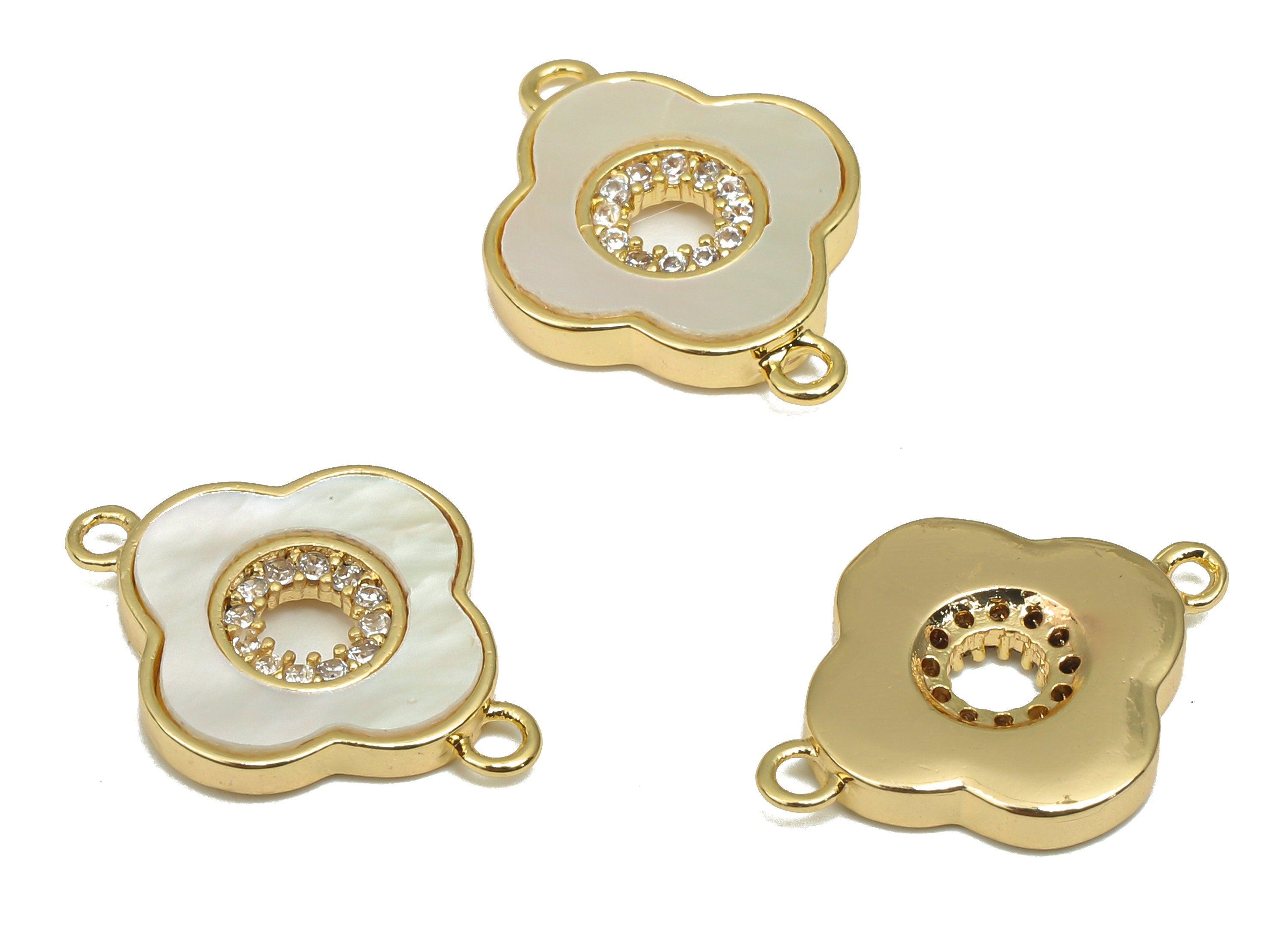 Brass Flower Connector - CZ Paved MOP Shell Zircon Charm - 18K Real Gold Plating For Bracelet - Mother of Pearl - 16.6x12.4x2.3mm - RGP4601 - DOMEDBAZAAR