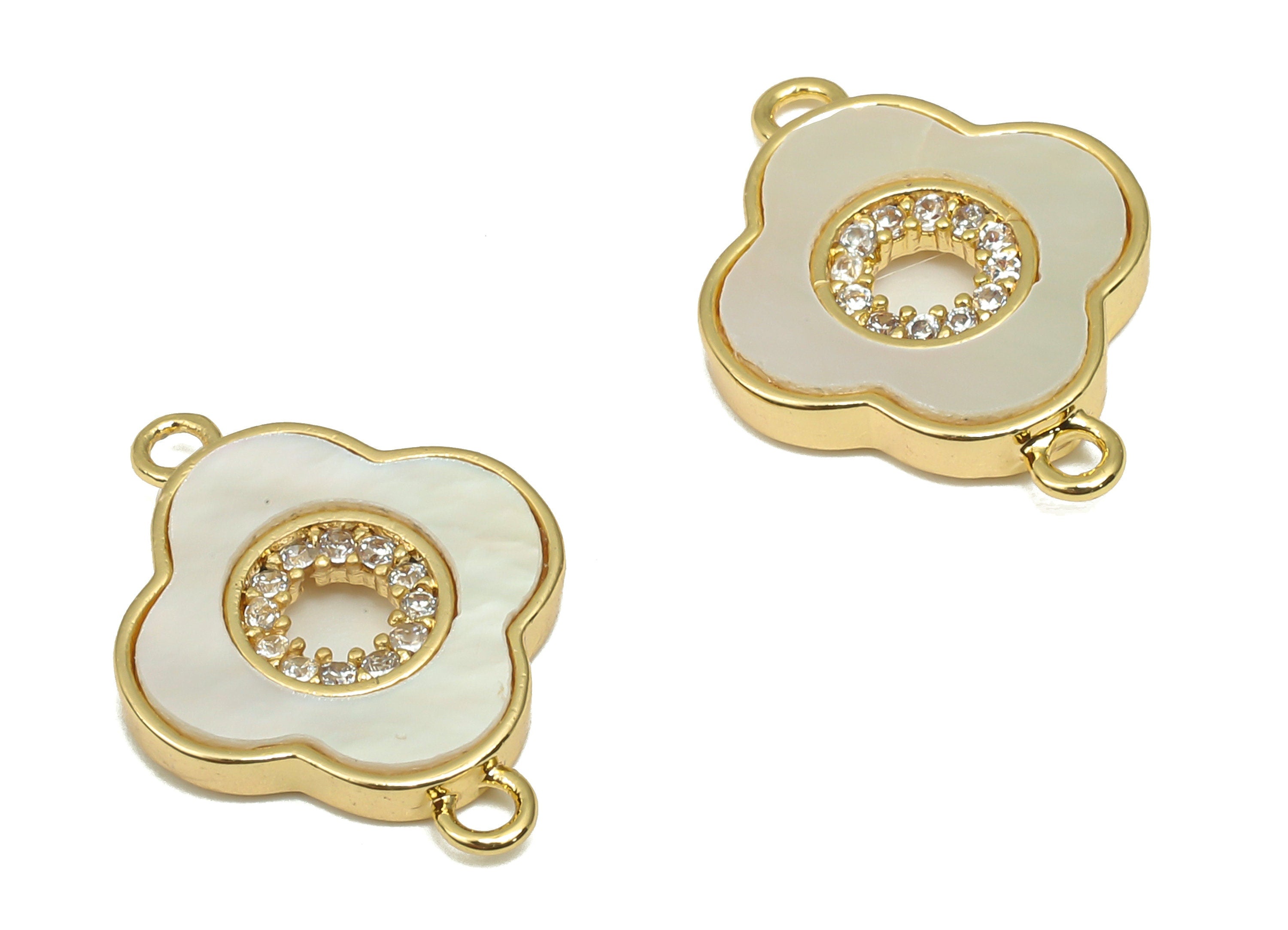 Brass Flower Connector - CZ Paved MOP Shell Zircon Charm - 18K Real Gold Plating For Bracelet - Mother of Pearl - 16.6x12.4x2.3mm - RGP4601 - DOMEDBAZAAR