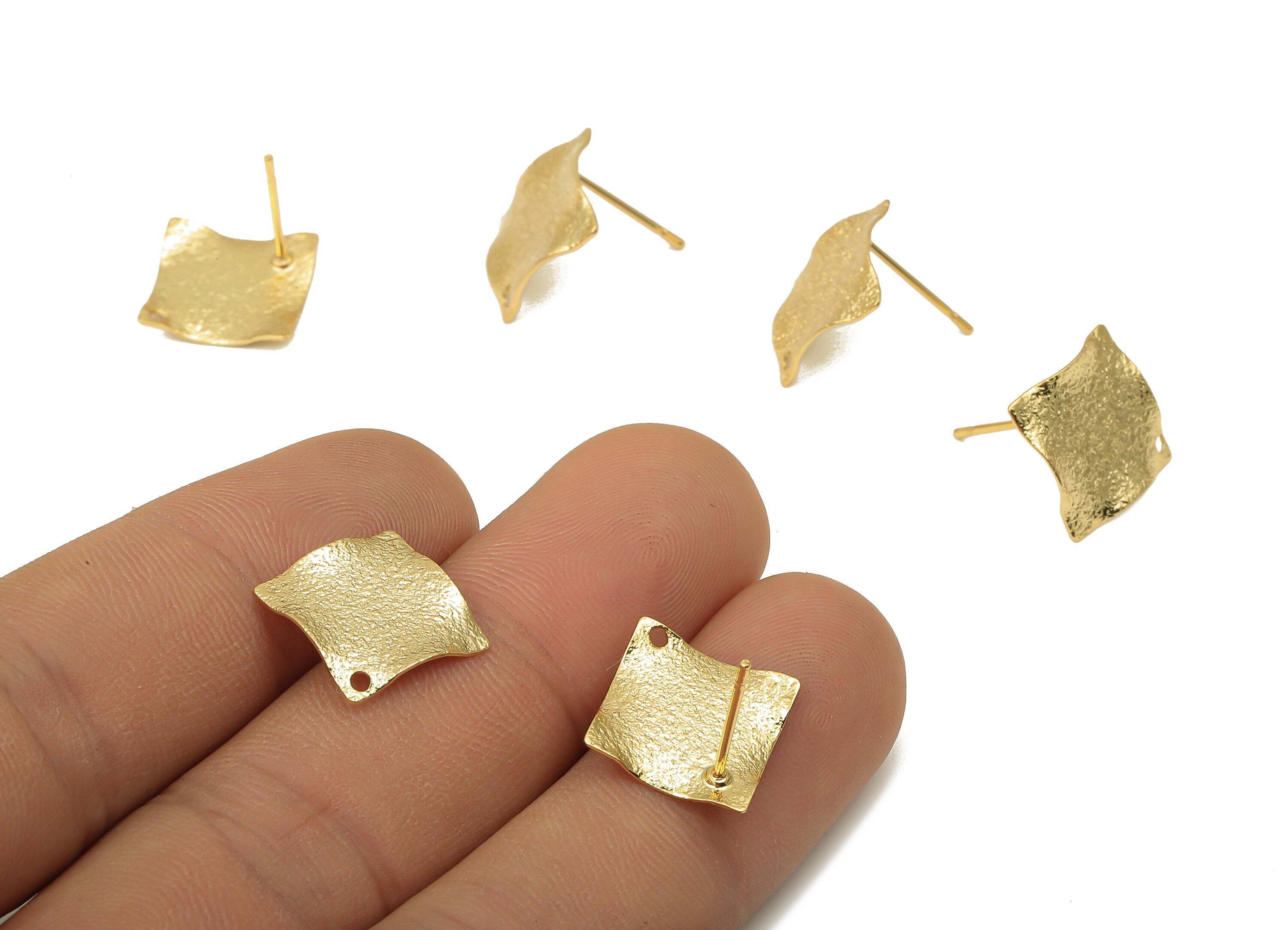 Brass Square Wavy Dots Earring Posts - Brass Spotted Wave Stud - Stainless Steel Stud - 18K Real Gold Plating - 12.56x12.56x0.88mm - RGP5174 - DOMEDBAZAAR