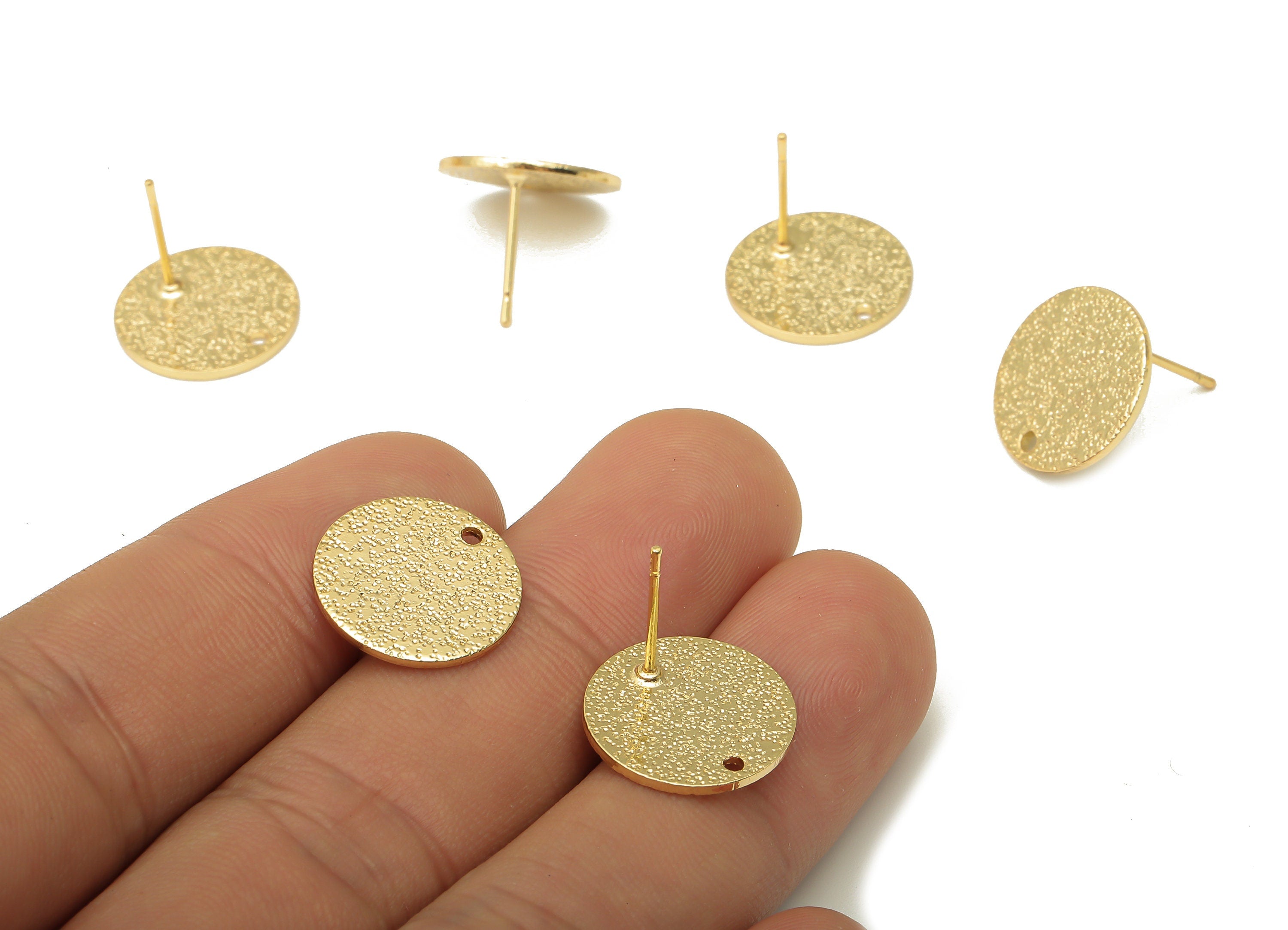 Brass Round Spotted Earring Stud - Circle Dots Earring Posts - Stainless Steel Stud - 18K Real Gold Plating - 15.27x15.27x0.98mm -RGP5190 - DOMEDBAZAAR