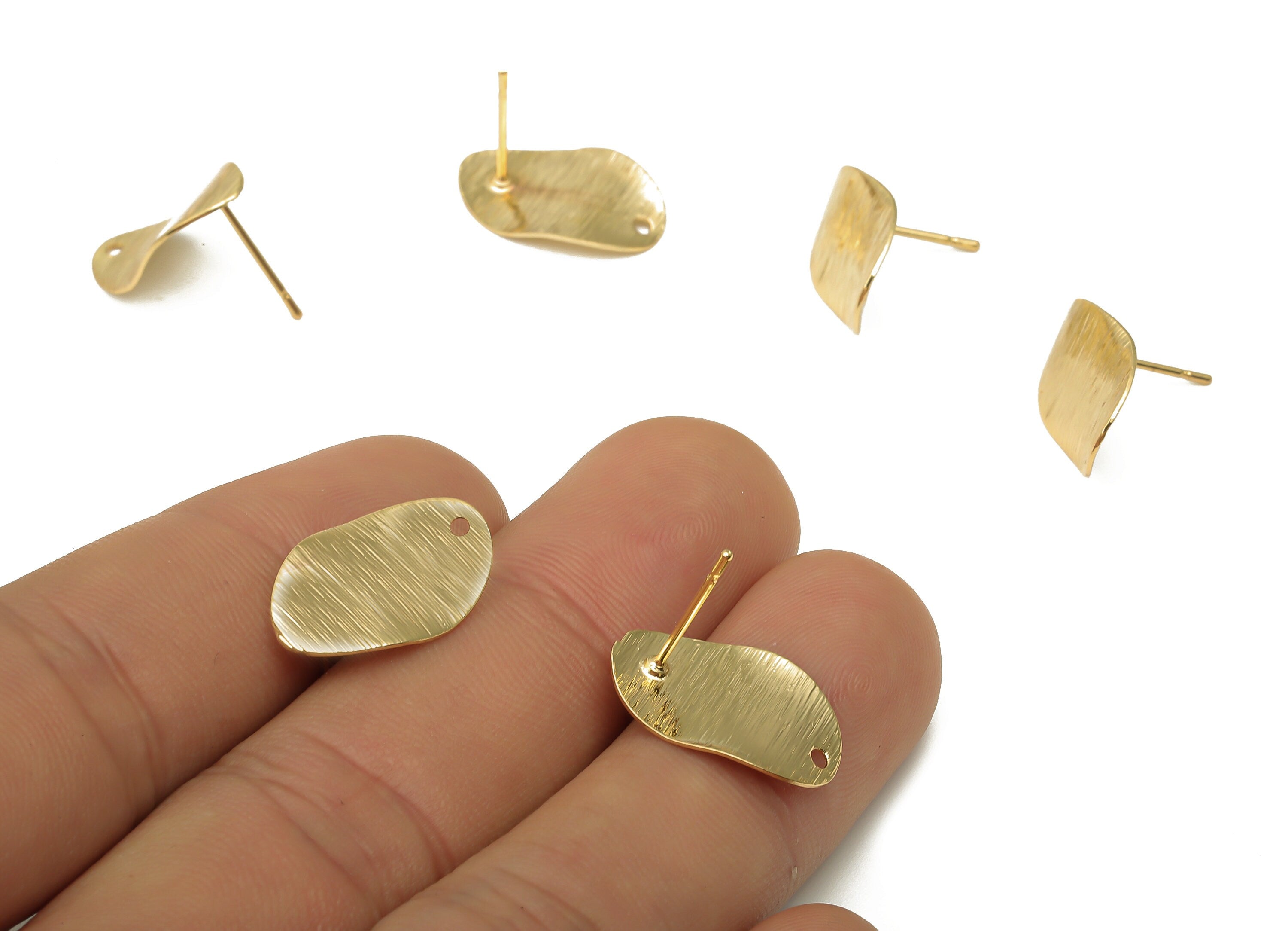 Brass Oval Earring Post - Wavy Oval Textured Leaf Earring Stud - Stainless Steel Stud - 18K Real Gold Plating - 17.87x11.56x0.61mm - RGP5197 - DOMEDBAZAAR