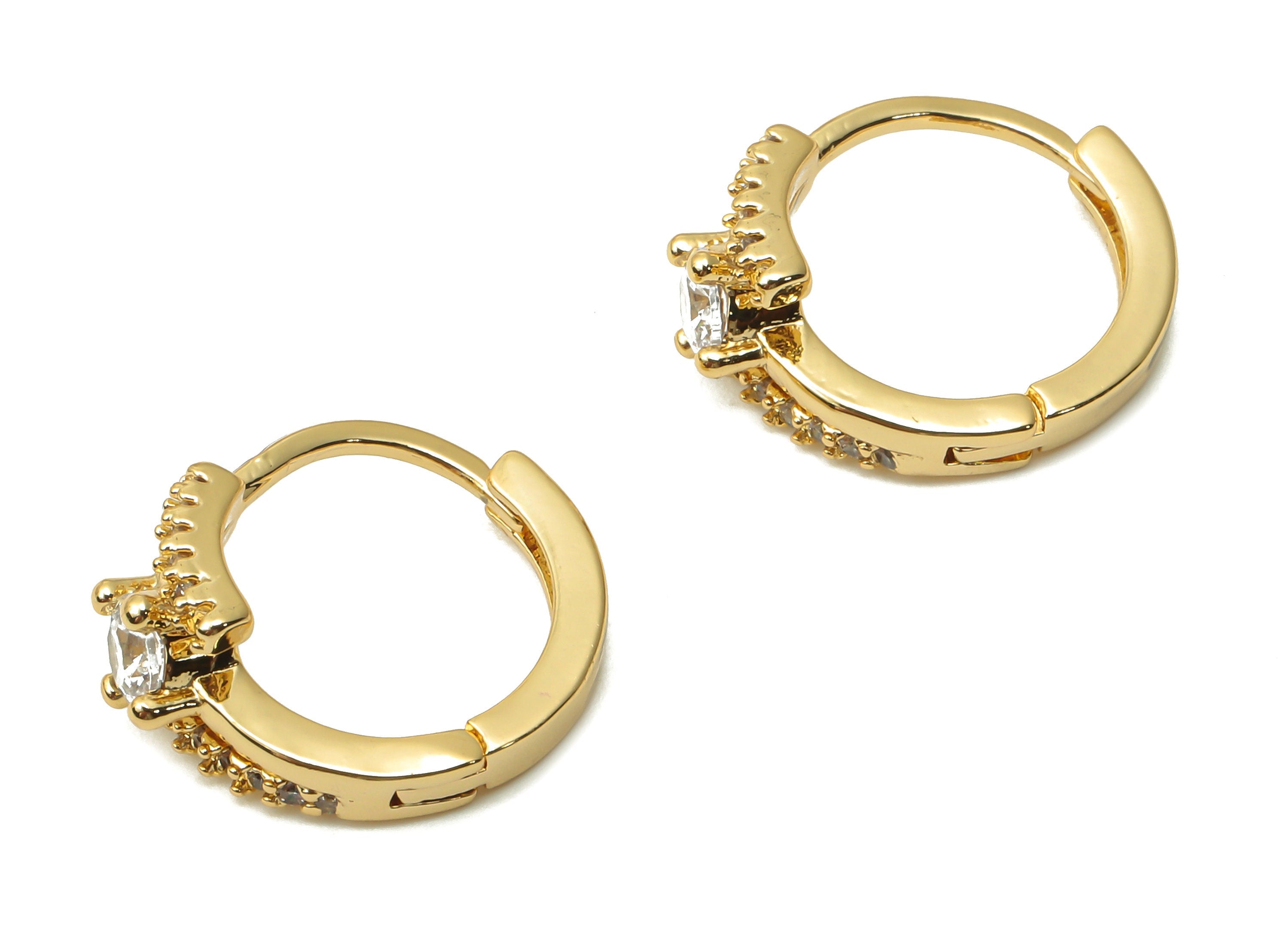 Brass Round Solitaire Ring Huggie Hoop Earrings - Brass Stud Earrings with Zircon - 18K Real Gold Plated Brass - 14.87x12.4x3.18mm -RGP5012 - DOMEDBAZAAR