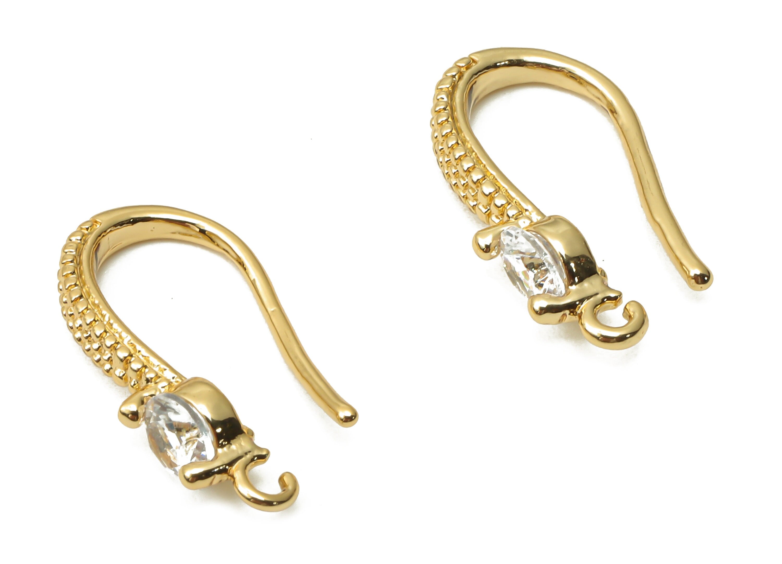 Brass Textured Earring Hook With Zircon - Brass Solitaire Hook Earring - Ear Wires Earring - 18K Real Gold Plated -17.05x9.56x2.14mm-RGP5023 - DOMEDBAZAAR