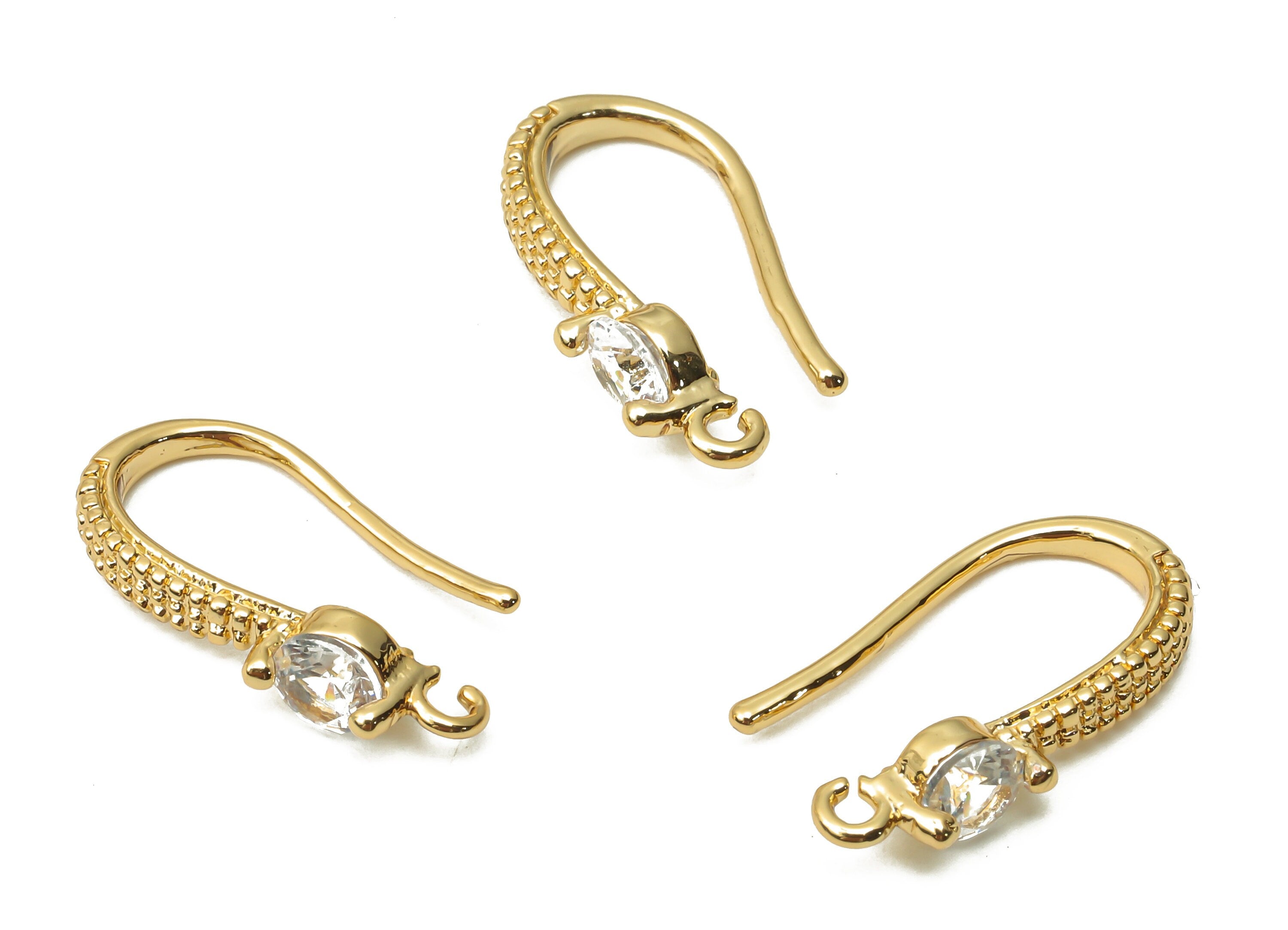 Brass Textured Earring Hook With Zircon - Brass Solitaire Hook Earring - Ear Wires Earring - 18K Real Gold Plated -17.05x9.56x2.14mm-RGP5023 - DOMEDBAZAAR