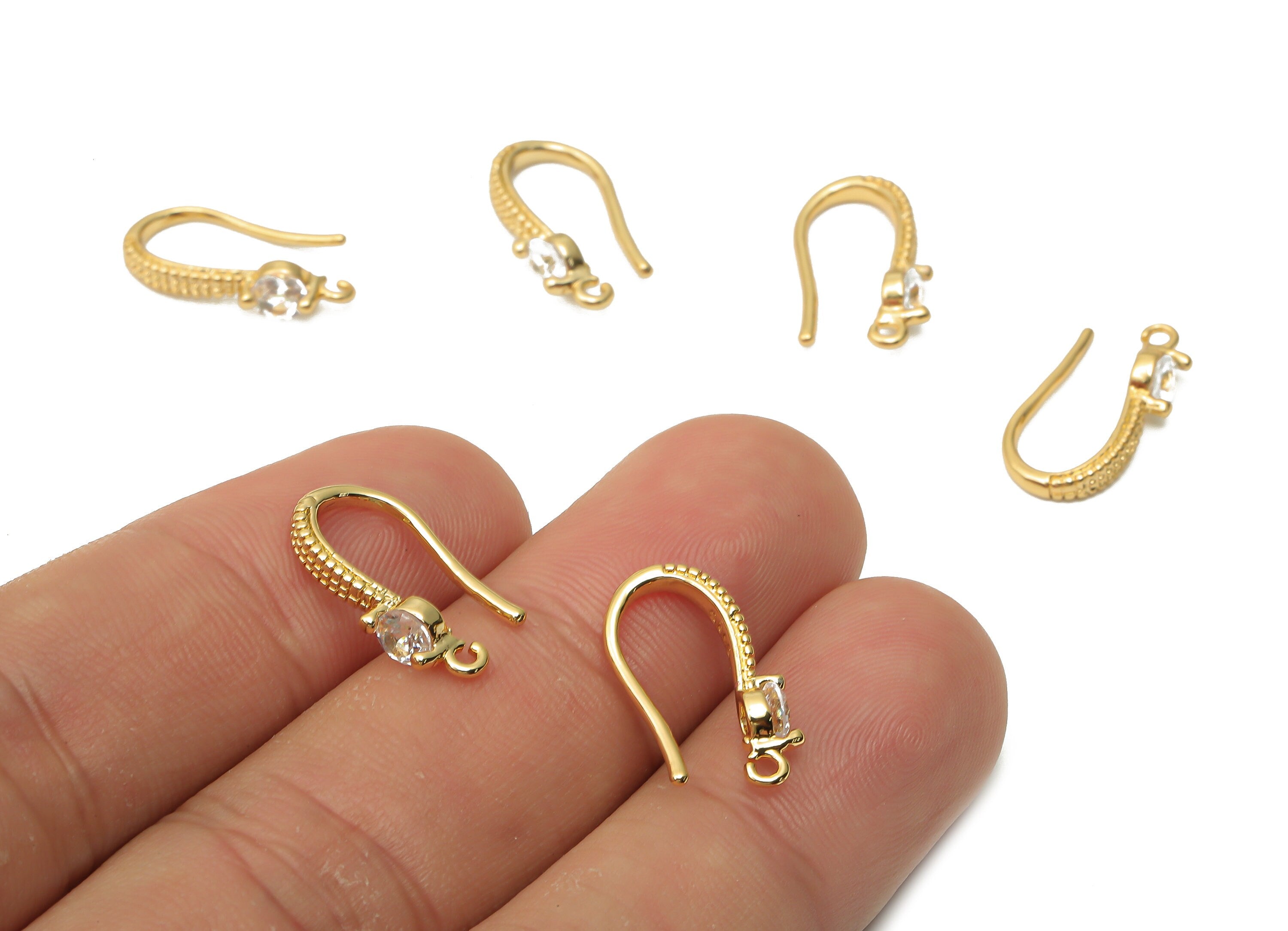 Brass Textured Earring Hook With Zircon - Brass Solitaire Hook Earring - Ear Wires Earring - 18K Real Gold Plated -17.05x9.56x2.14mm-RGP5023 - DOMEDBAZAAR