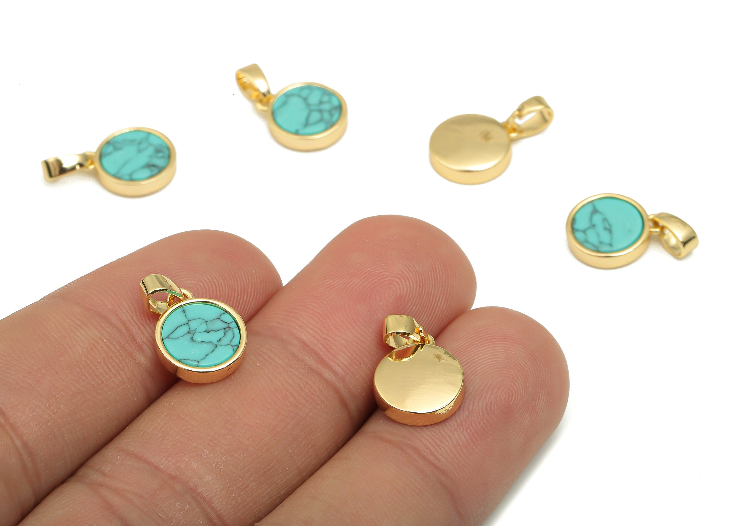 Brass Round Blue Stone Pendants - Synthetic Stone Pendant - 18K Real Gold Plated Brass - For Necklace - 16.27x9.75x2.65mm - RGP4619B - DOMEDBAZAAR