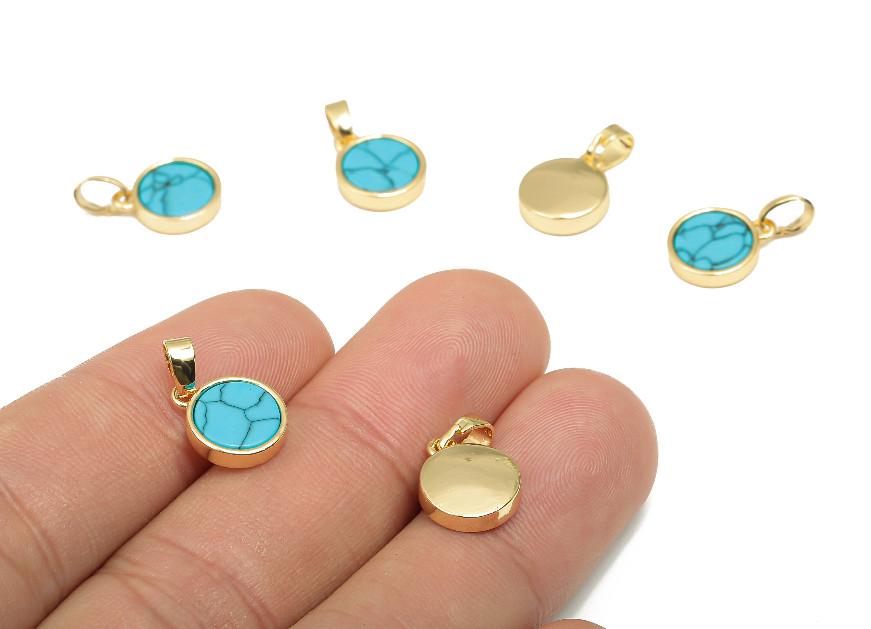 Brass Round Blue Stone Pendants - Synthetic Stone Pendant - 18K Real Gold Plated Brass - For Necklace - 16.27x9.75x2.65mm - RGP4619C - DOMEDBAZAAR