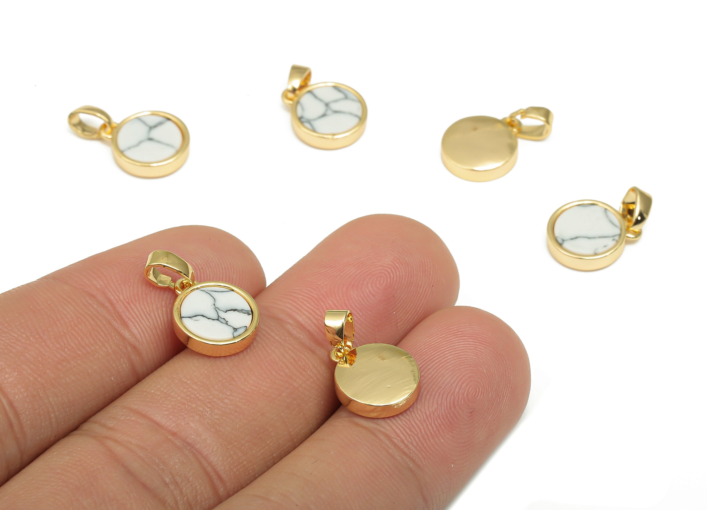 Brass Round White Stone Pendants - Synthetic Stone Pendant - 18K Real Gold Plated Brass - For Necklace - 16.27x9.75x2.65mm - RGP4619D - DOMEDBAZAAR