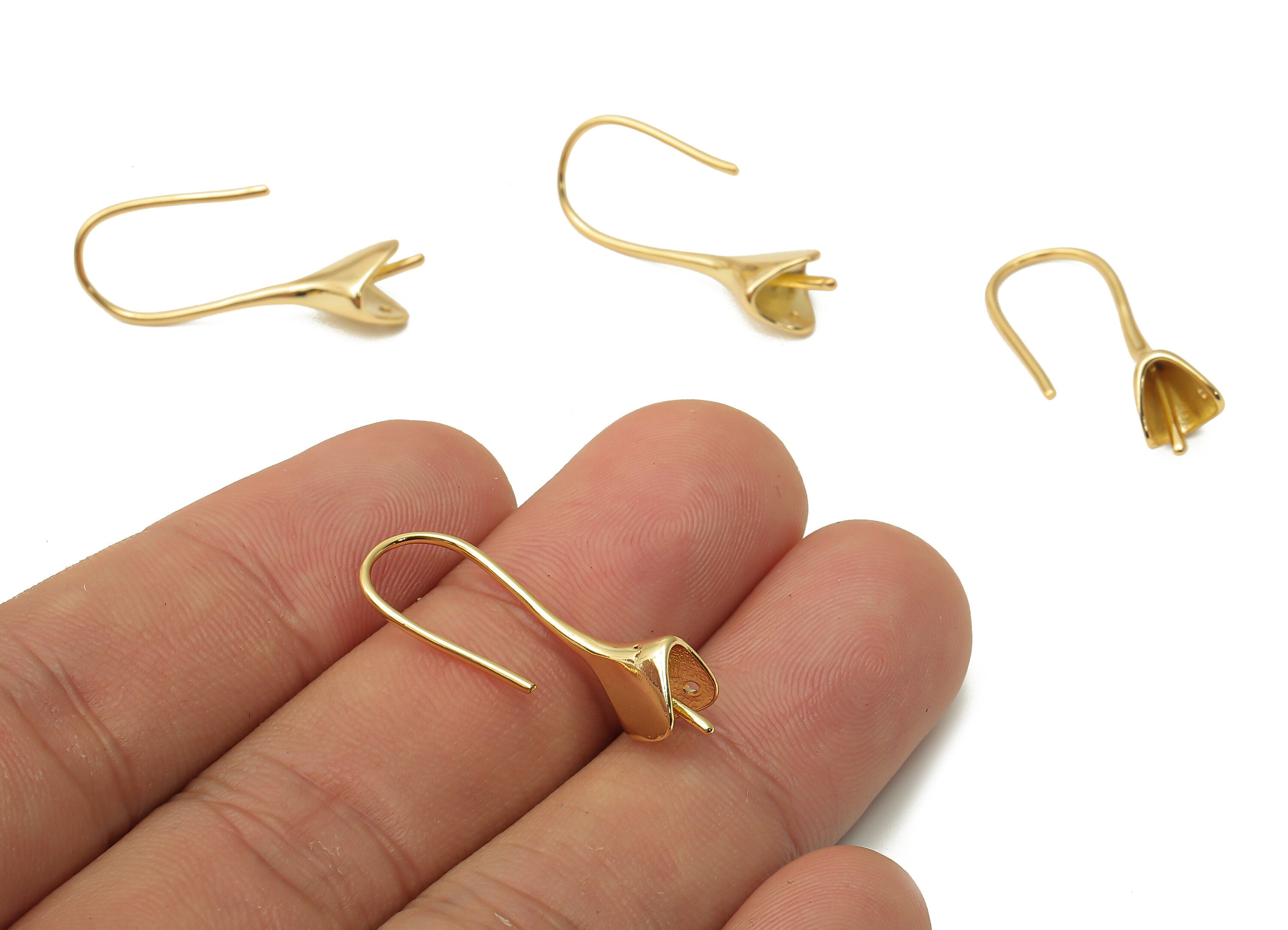 Brass Bell Hook Earrings For Bead - Brass Bell Wire - Earring Wire Finding - For Pearl - 18K Real Gold Plated - 25.64x10.78x0.94mm - RGP5039 - DOMEDBAZAAR