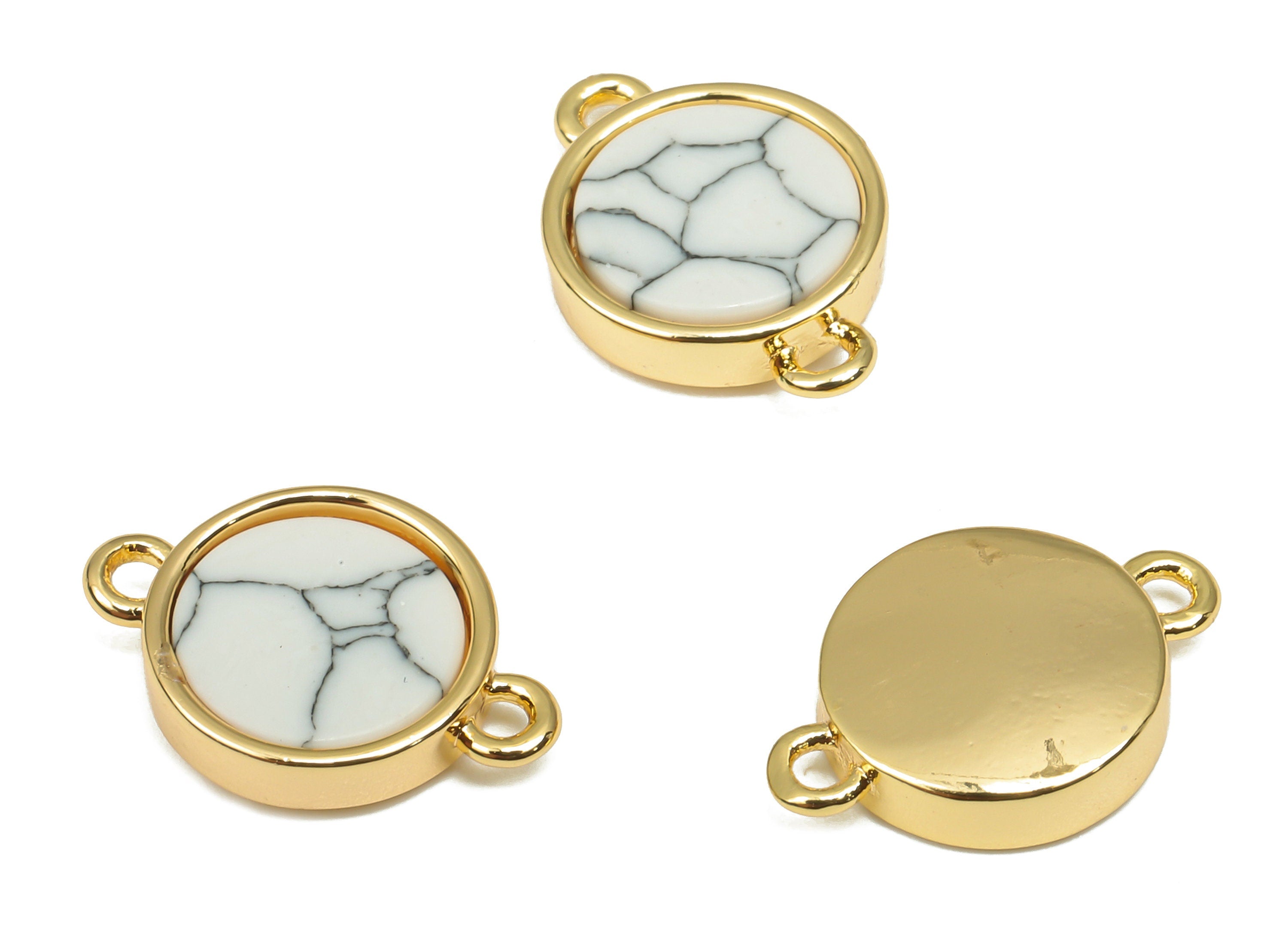 Brass Round White Stone Connectors - Synthetic White Stone Circle Connector - 18K Real Gold Plated Brass - 14.48x9.93x2.83mm - RGP4624B - DOMEDBAZAAR