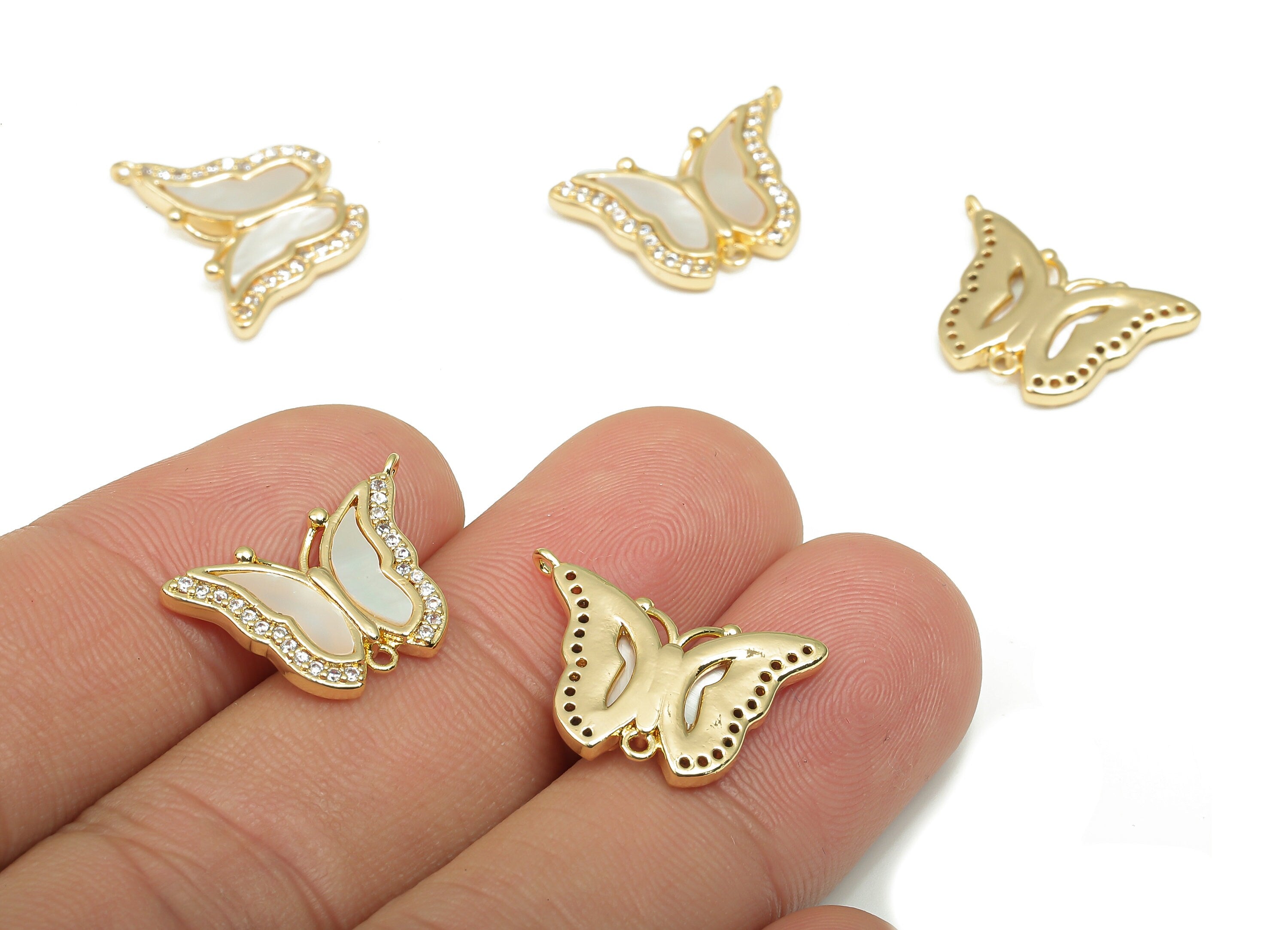 Brass MOP Shell Butterfly Charm - CZ Paved Zircon Connector - 18K Real Gold Plating - Mother of Pearl For Necklace - 19.1x13x2.4mm - RGP4627 - DOMEDBAZAAR