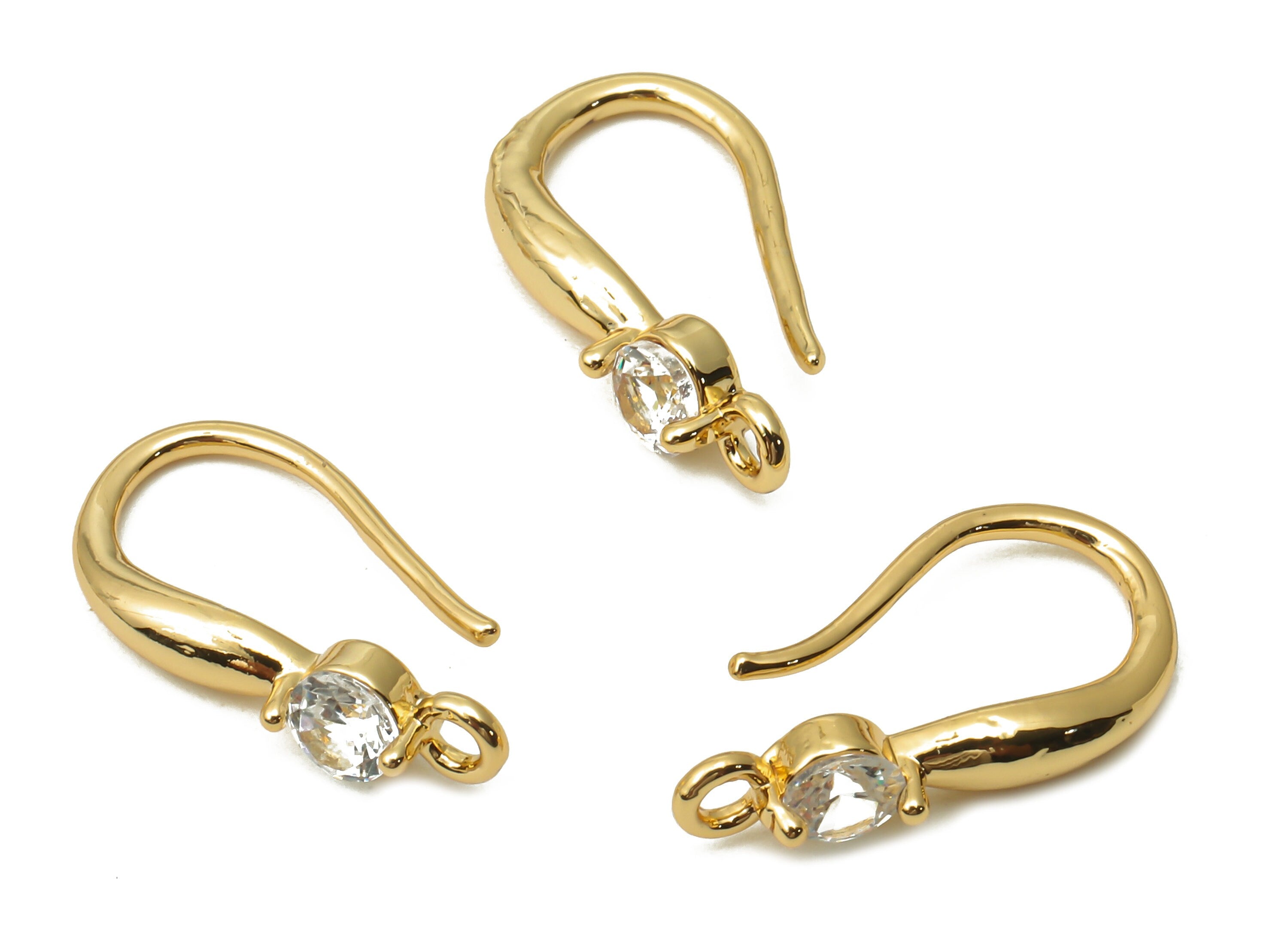 Brass Earrings Wire With Zircon - Brass Soliaire Earrings - Earring Hook Findings - 18K Real Gold Plated Brass - 18.6x8.65x2.6mm - RGP5043 - DOMEDBAZAAR