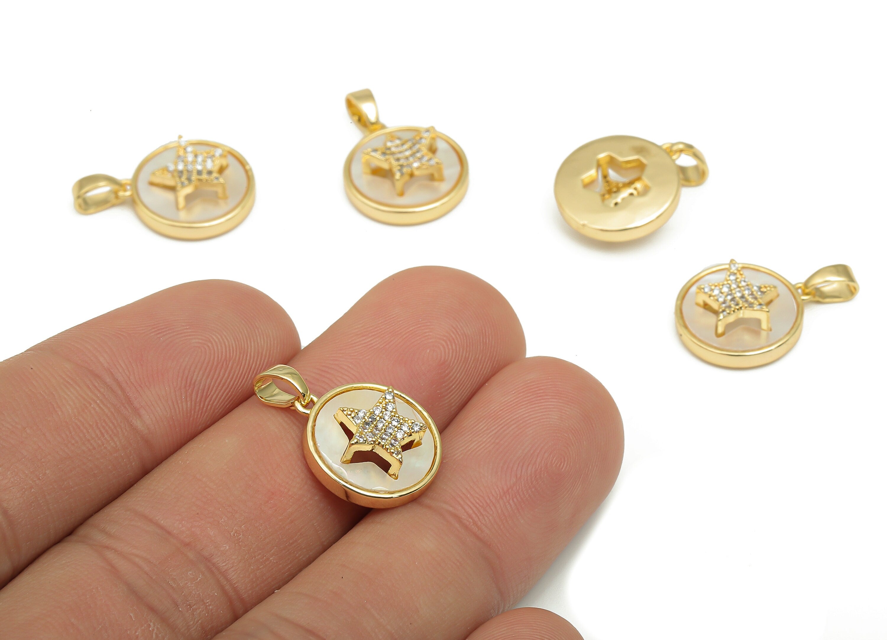 Brass MOP Shell Round Pendant - CZ Paved Star Zircon Charm - 18K Real Gold Plating - Mother of Pearl For Necklace - 19.6x13.5x5.3mm -RGP4628 - DOMEDBAZAAR