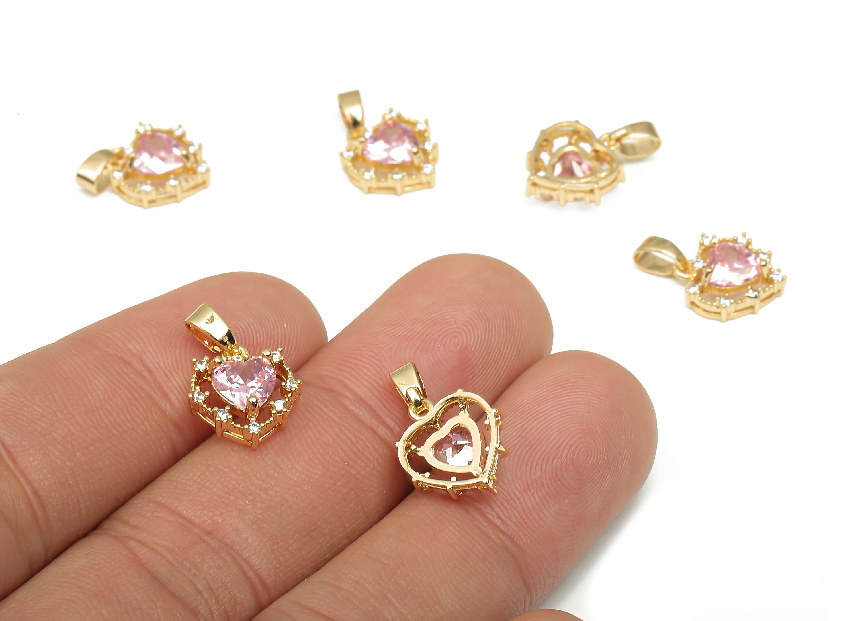 Brass Heart Pendants - CZ Paved Pink Heart Zircon Pendant - 18K Real Gold Plated Brass - For Necklace - 16.44x11.13x3.97mm - RGP4633 - DOMEDBAZAAR