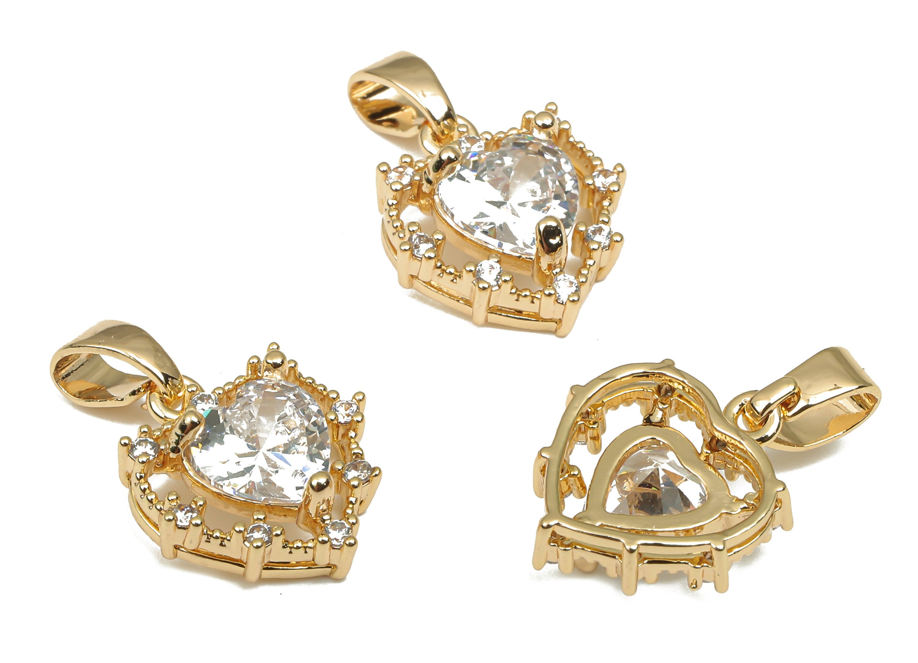 Brass Heart Pendants - CZ Paved Clear Heart Zircon Pendant - 18K Real Gold Plated Brass - For Necklace - 16.44x11.13x3.97mm - RGP4634 - DOMEDBAZAAR