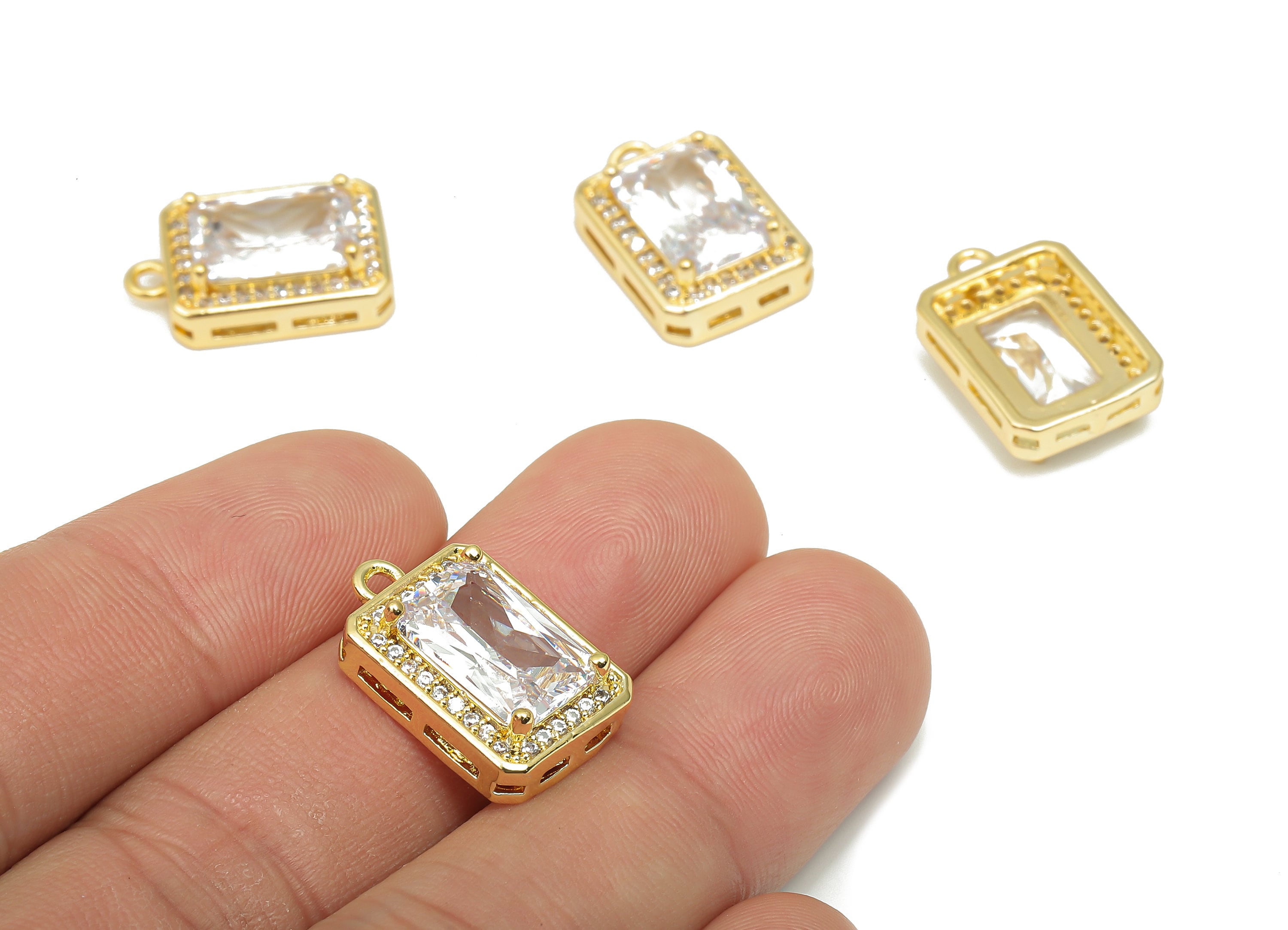Brass Oval Rectangle Charm - CZ Paved Zircon Earring - 18K Real Gold Plated Brass Pendant - For Necklace - 19.36x12.56x6.12mm - RGP4637 - DOMEDBAZAAR