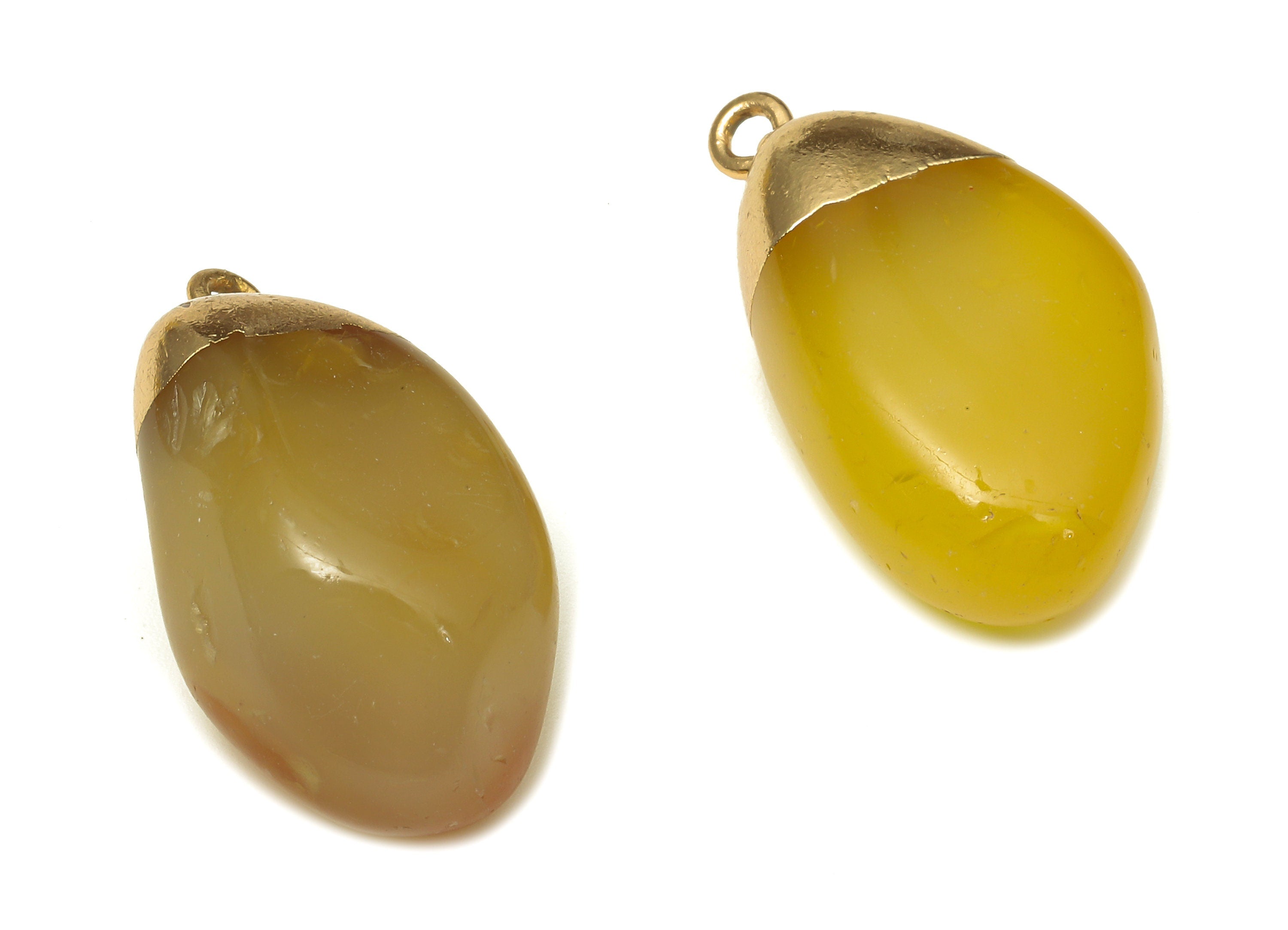 Natural Stone Earrings - Brass Yellow Agate Earring Charms - Yellow Agate Drop Pendant - Gold Tone Plating - 23.5x14.1x11.4mm - NS1865A - DOMEDBAZAAR