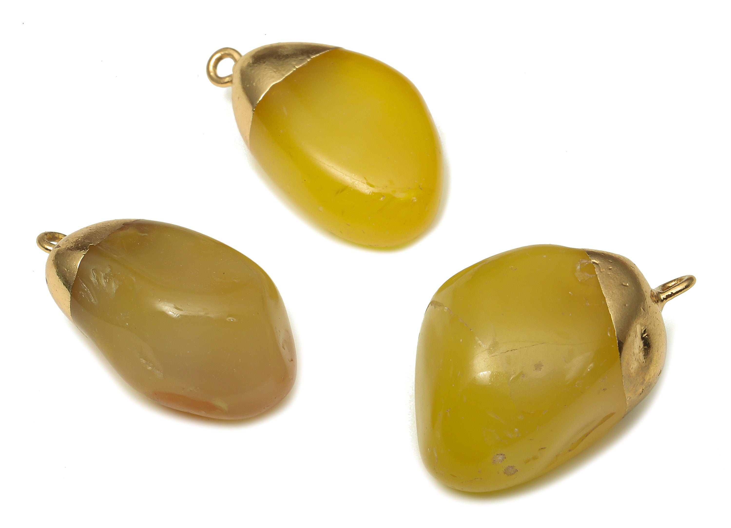 Natural Stone Earrings - Brass Yellow Agate Earring Charms - Yellow Agate Drop Pendant - Gold Tone Plating - 23.5x14.1x11.4mm - NS1865A - DOMEDBAZAAR