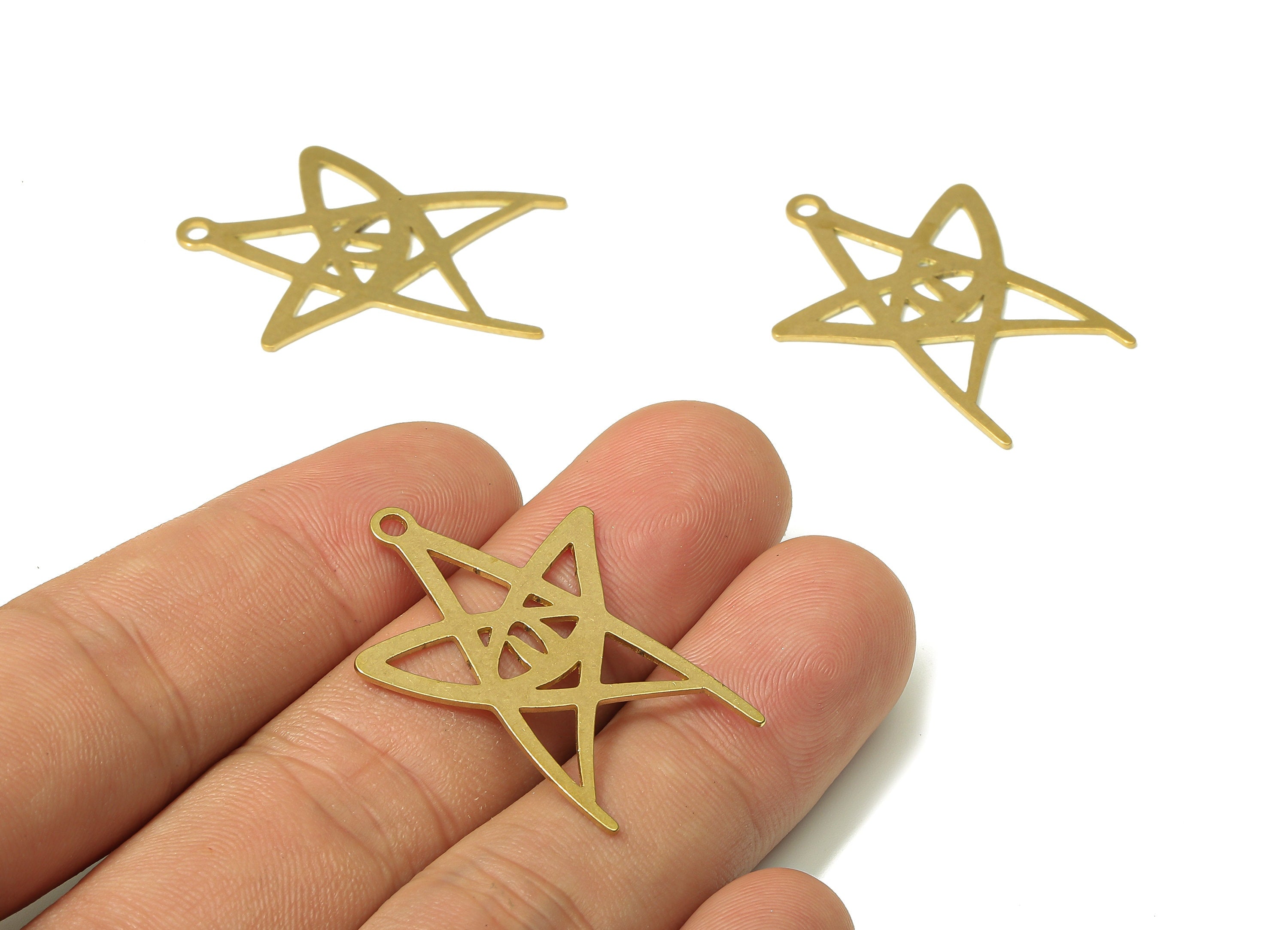Brass Shooting Star Earring Charm - Raw Brass Irregular Falling Star Cutout Pendant - Hollow Happy Star - 34.39x25.81x0.67mm - PPA4868 - DOMEDBAZAAR