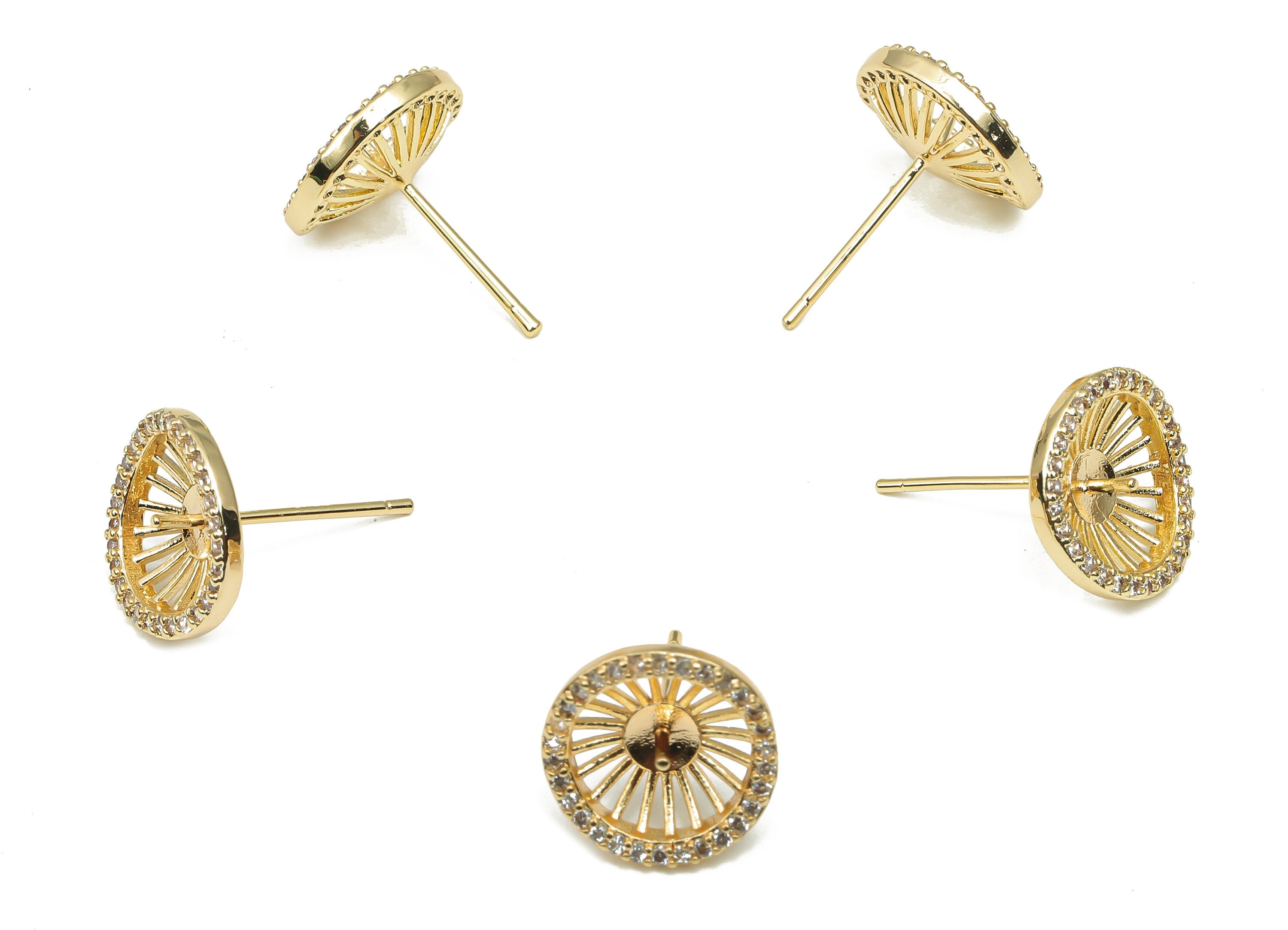 Brass Earring Stud - Brass Round Earring with Zircon - Flower Earring Post - 18K Real Gold Plating - For Pearl - 12.2x12.1x1.9mm - RGP4650 - DOMEDBAZAAR