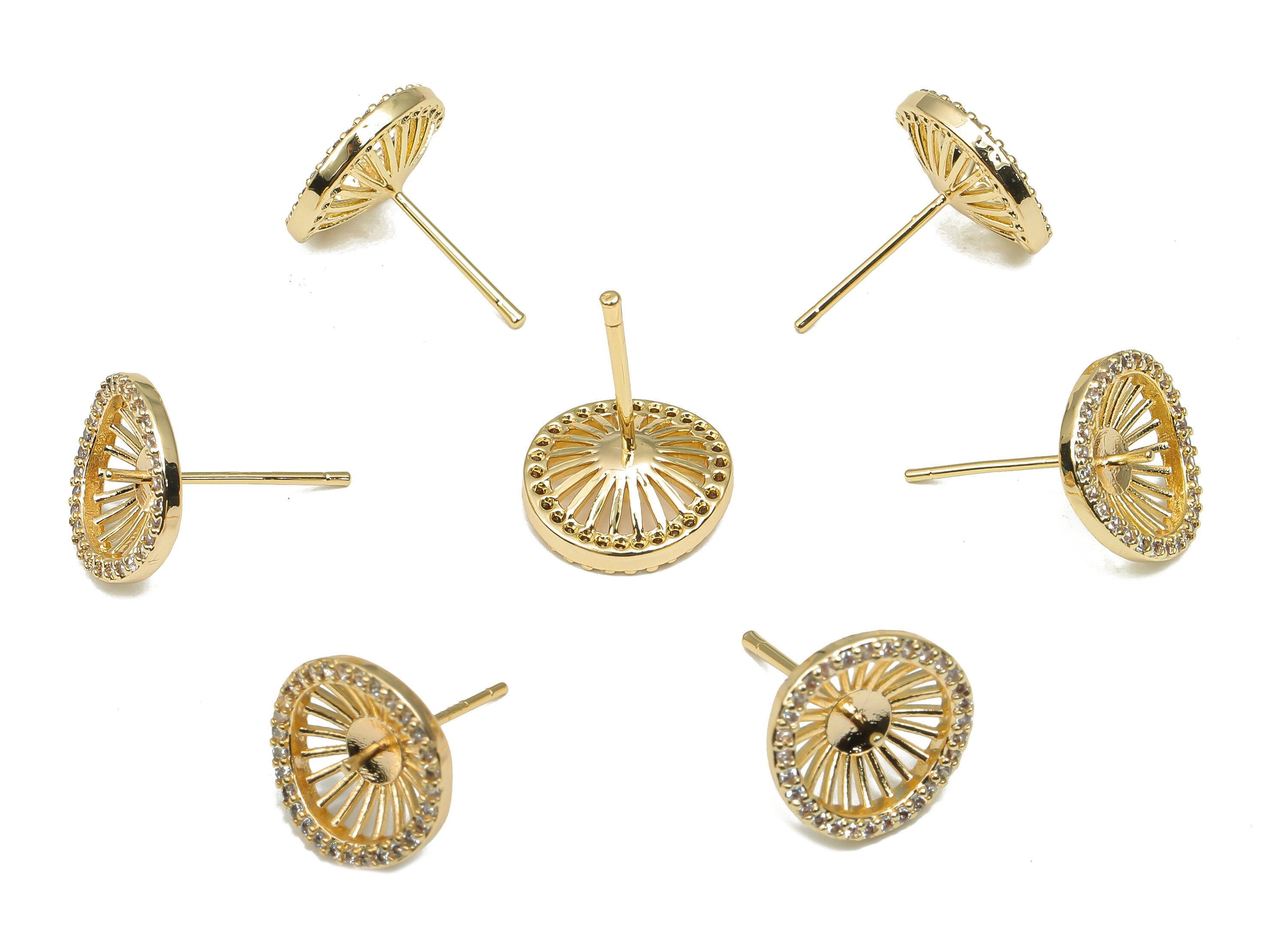 Brass Earring Stud - Brass Round Earring with Zircon - Flower Earring Post - 18K Real Gold Plating - For Pearl - 12.2x12.1x1.9mm - RGP4650 - DOMEDBAZAAR