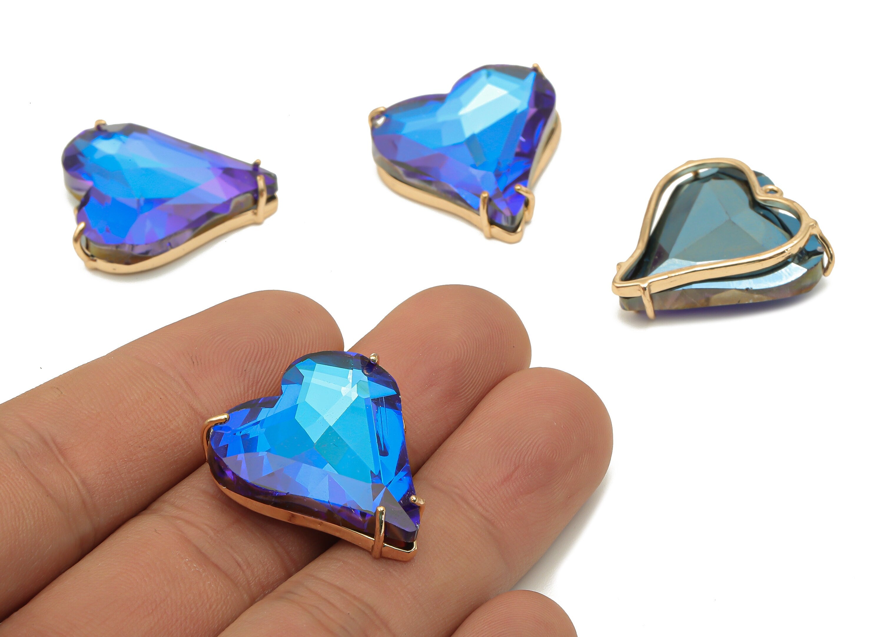 Faceted Glass Heart Earring Charm - Blue Glass Heart Pendant Charm - Gold Tone Plated Brass Framed - Modern Jewelry-26.15x25.8x7.1mm-GS1150A - DOMEDBAZAAR