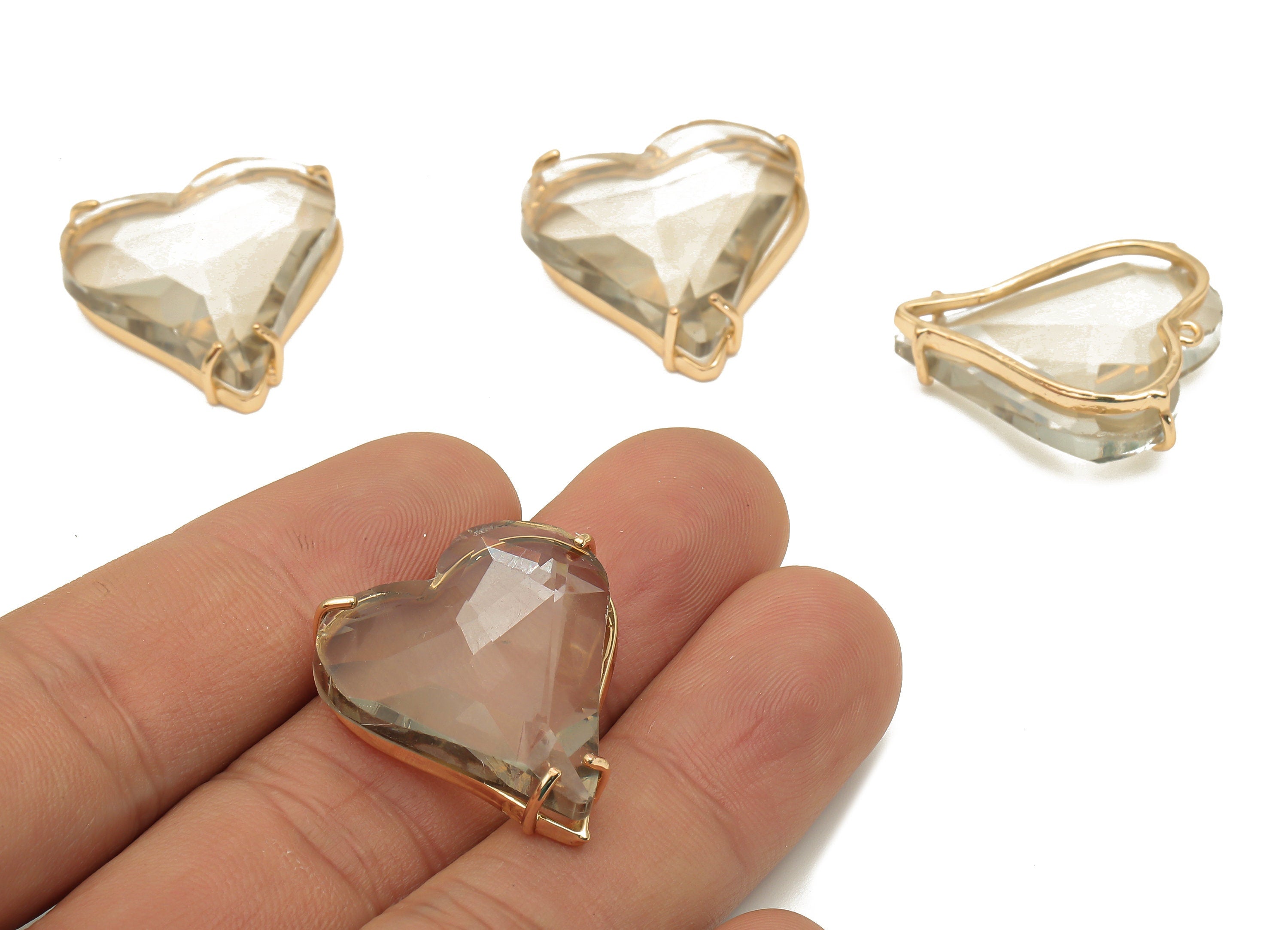 Faceted Glass Heart Earring Charm - Brass Glass Heart Pendant Charm - Gold Tone Plated Brass Framed- Modern Jewelry-26.15x25.8x7.1mm-GS1150B - DOMEDBAZAAR