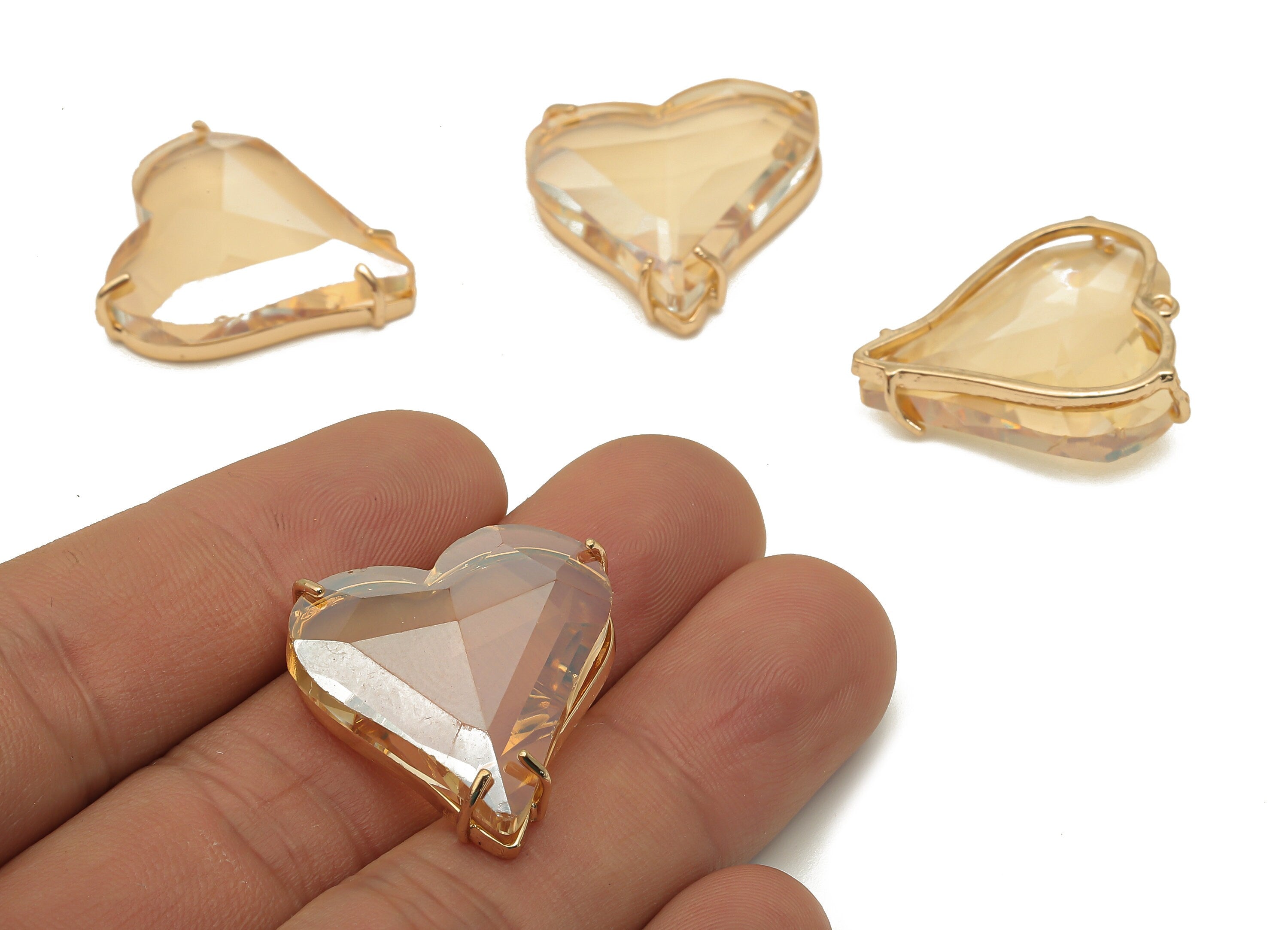 Faceted Glass Heart Earring Charm - Brass Glass Heart Pendant Charm - Gold Tone Plated Brass Framed- Modern Jewelry-26.15x25.8x7.1mm-GS1150C - DOMEDBAZAAR