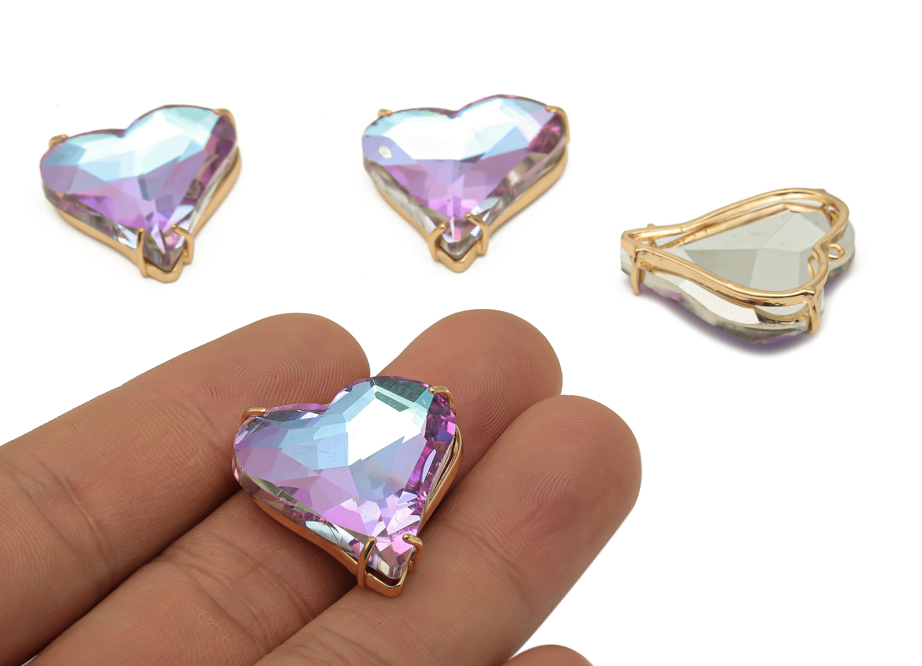 Faceted Glass Rainbow Heart Earring Charm - Purple Blue Sparkle Pendant - Gold Tone Plated Brass Framed Charm - 26.15x25.8x7.1mm - GS1150F - DOMEDBAZAAR