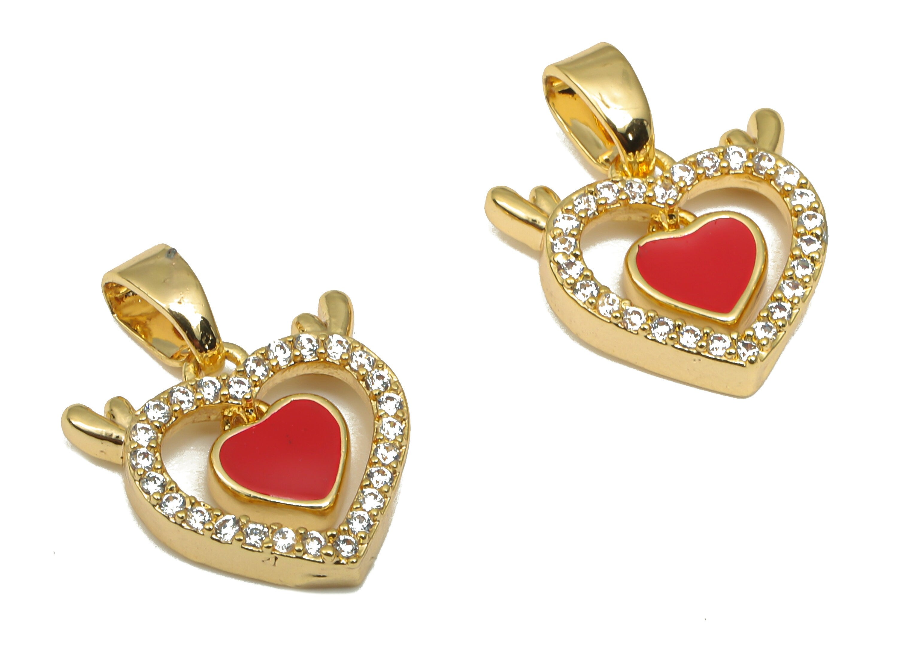 Brass Heart Pendant - CZ Paved Red Enamel Heart Wing Pendant With Zircon - 18K Real Gold Plating - For Necklace - 16.1x12.4x2.9mm - RGP4657 - DOMEDBAZAAR