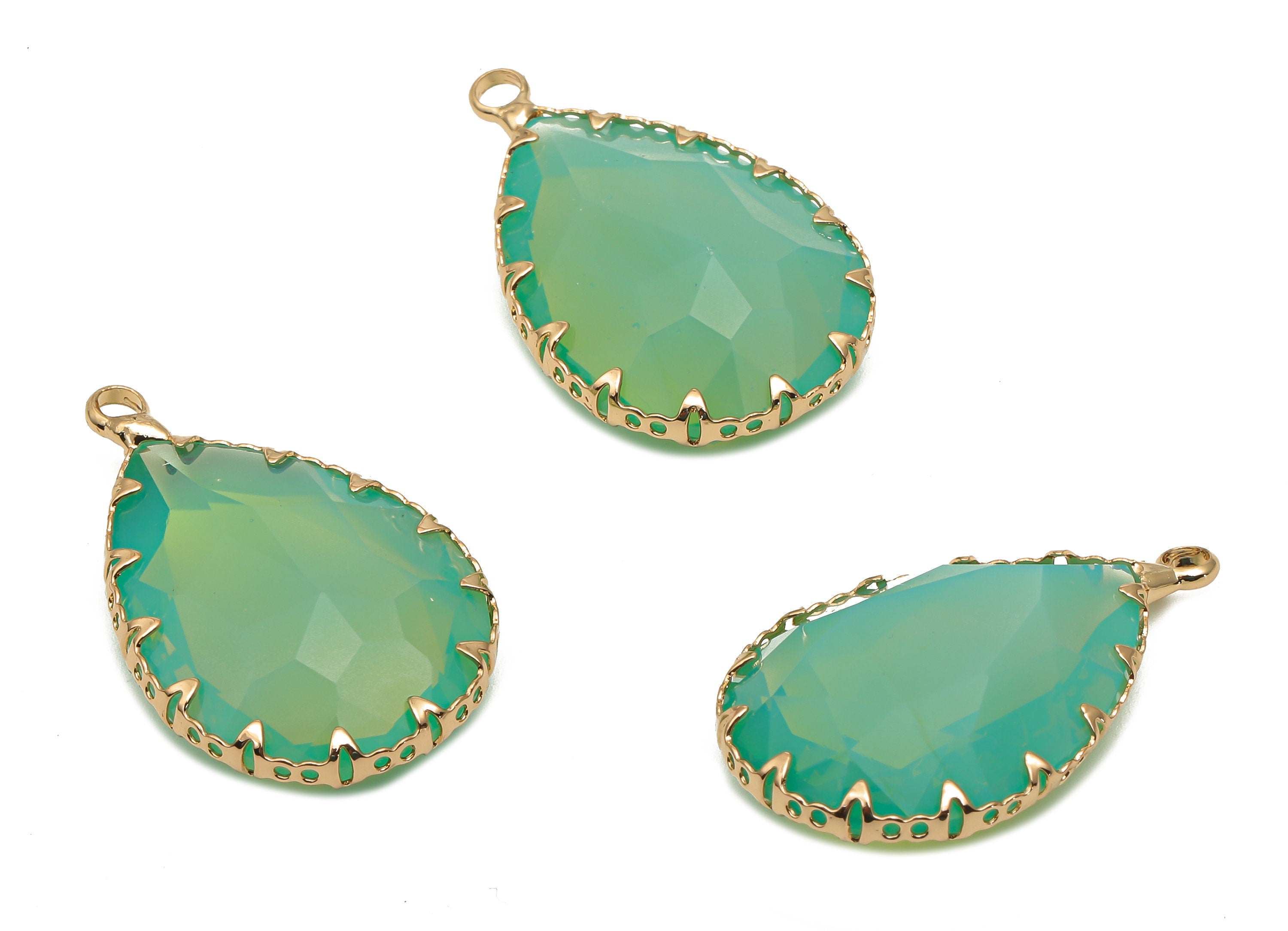 Green Faceted Crystal Glass Teardrop Earring Charms - Diamond Drop Cut Pendant with Gold Plated Brass Frame -30.6x18.8x9.32mm - GS1151B - DOMEDBAZAAR