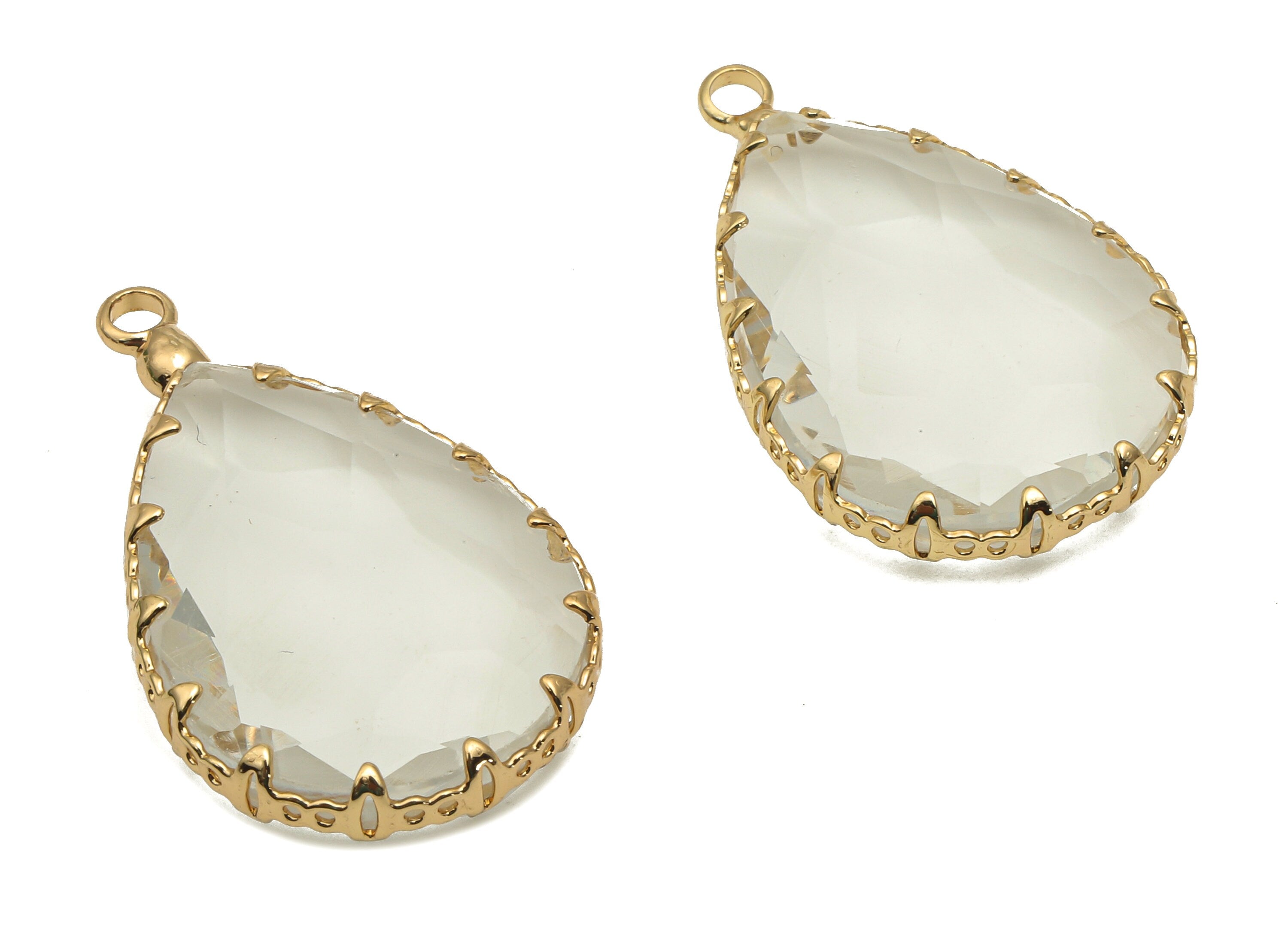 Faceted Teardrop Clear Crystal Pendants Charm - Drop Glass Earring Charms - Gold Tone Plated Brass - Modern Jewelry-30.6x18.8x9.32mm-GS1151C - DOMEDBAZAAR