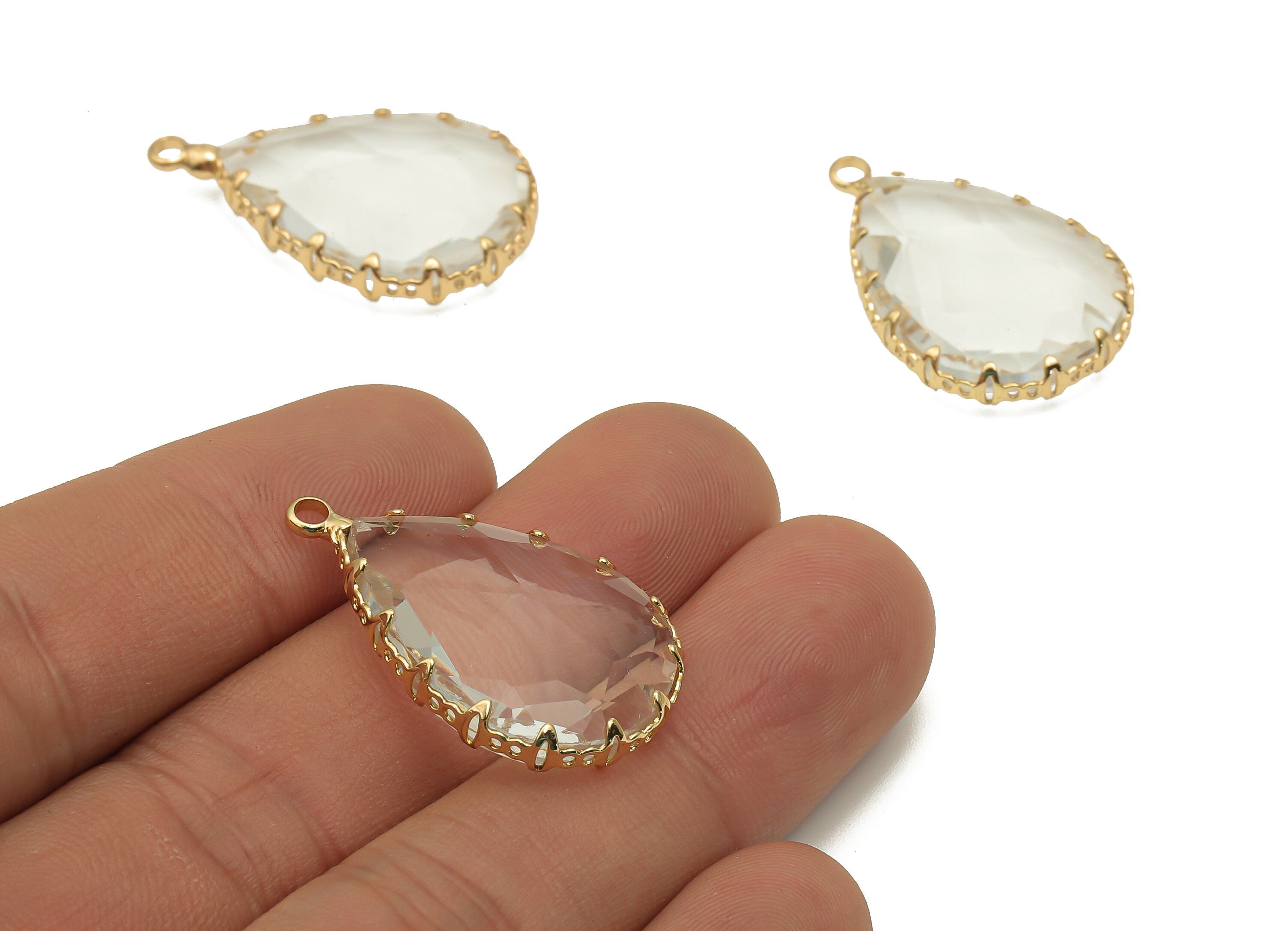 Faceted Teardrop Clear Crystal Pendants Charm - Drop Glass Earring Charms - Gold Tone Plated Brass - Modern Jewelry-30.6x18.8x9.32mm-GS1151C - DOMEDBAZAAR