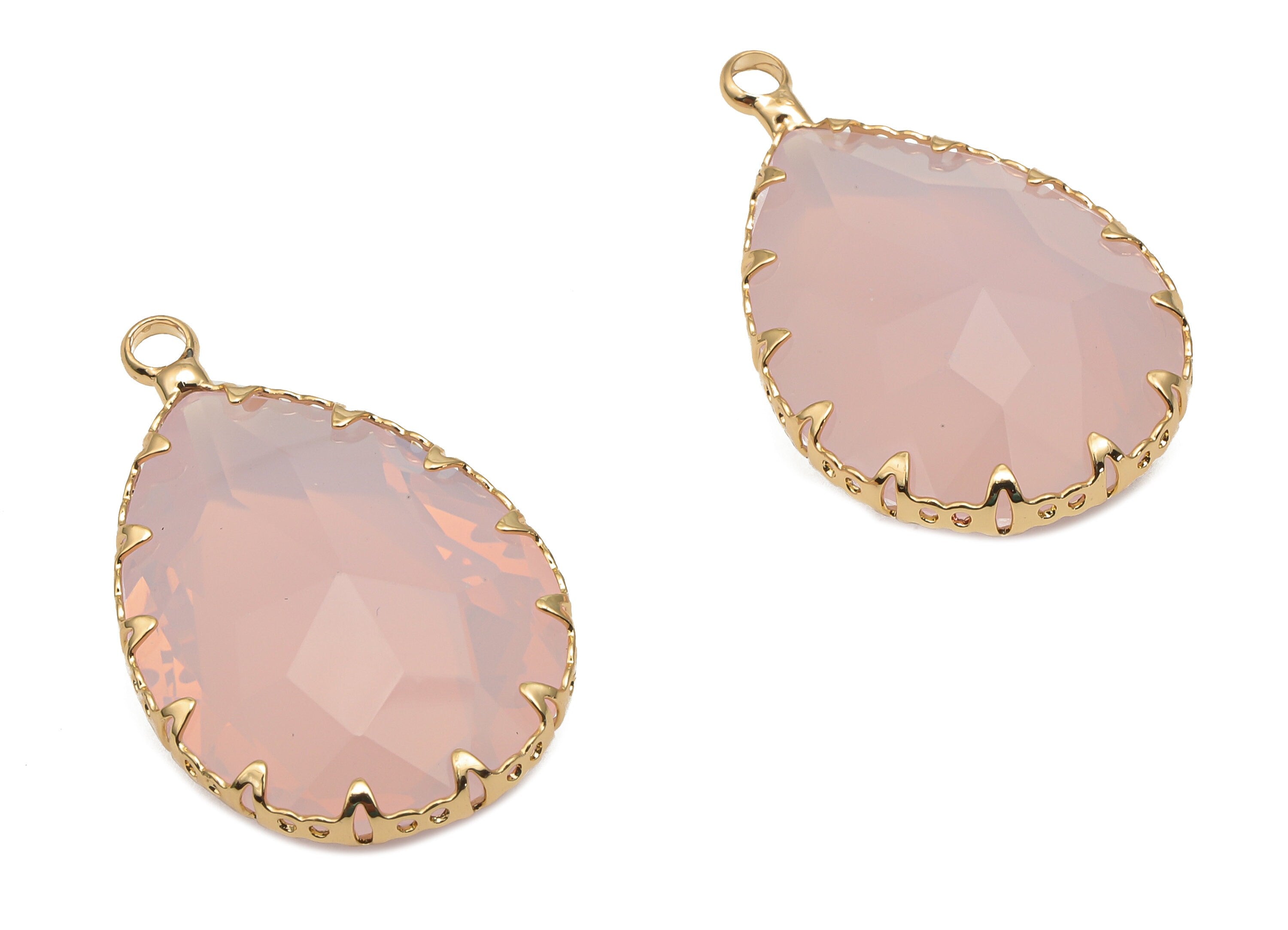 Pink Water Drop Glass Earring Charms - Peach Pink Teardrop Pendant - Gold Tone Plated Brass Filigree Frame -30.6x18.8x9.32mm- GS1151E - DOMEDBAZAAR