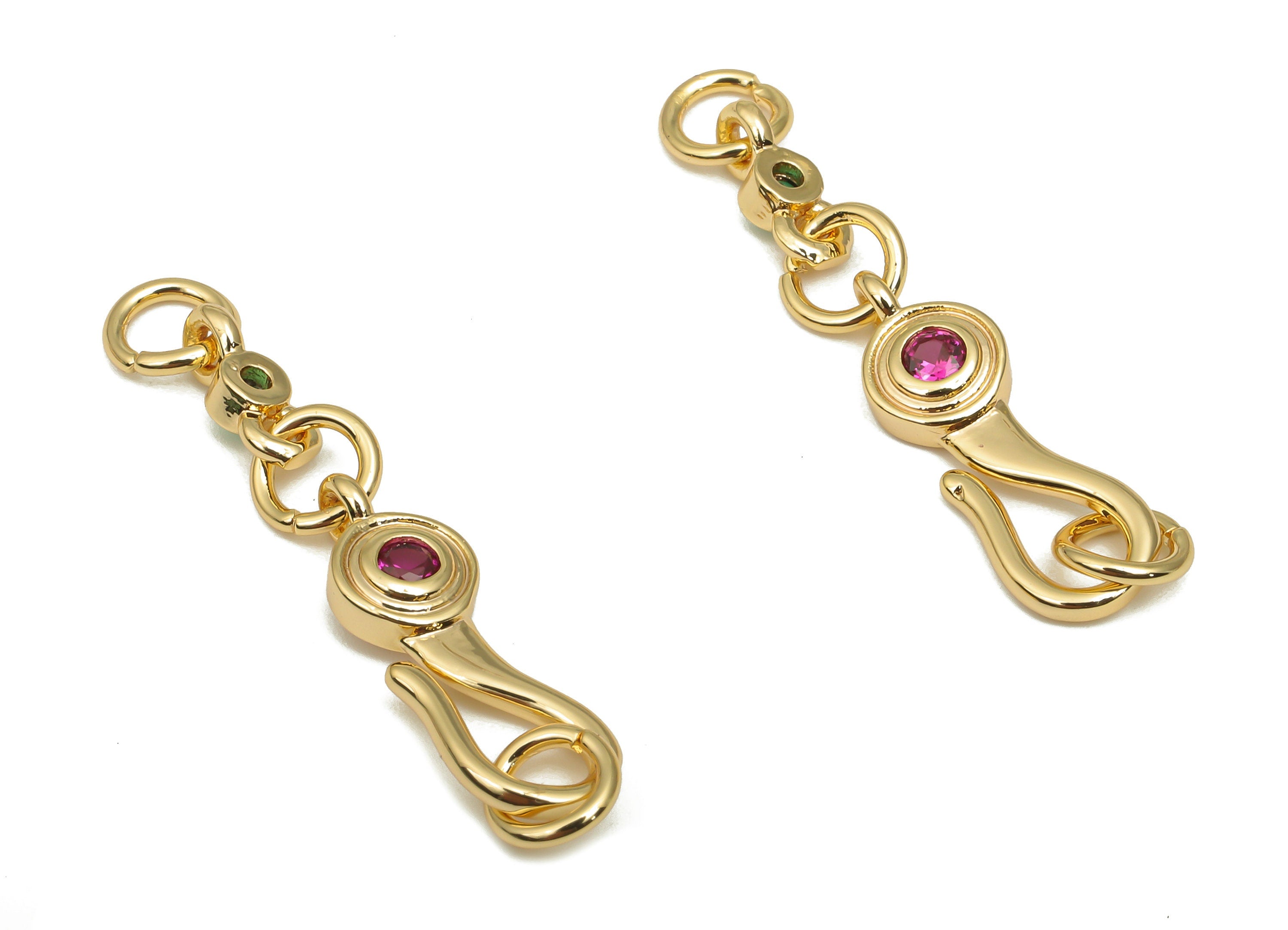 Brass Hook Connector - Red Zircon CZ Paved Bracelet Toggle Clasp - 18K Real Gold Plating - For Bracelet - 28.54x6.75x2.38mm - RGP4659 - DOMEDBAZAAR