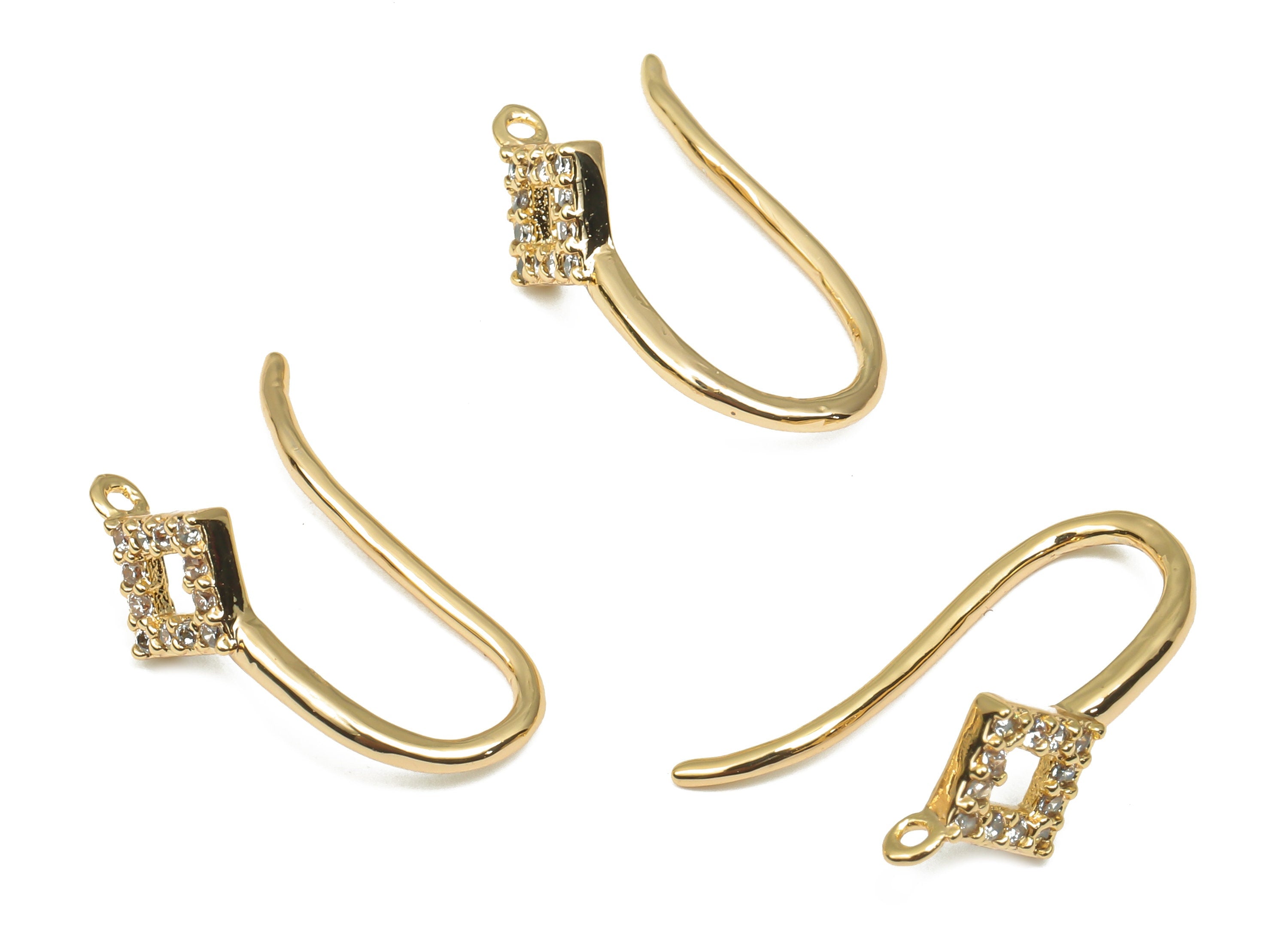 Rhombus Earring Wire With Loop - Brass Adornment Square Earrings Hooks With Zircon - 18K Real Gold Plated Brass - 18.95x8.6x1.86mm - RGP4662 - DOMEDBAZAAR