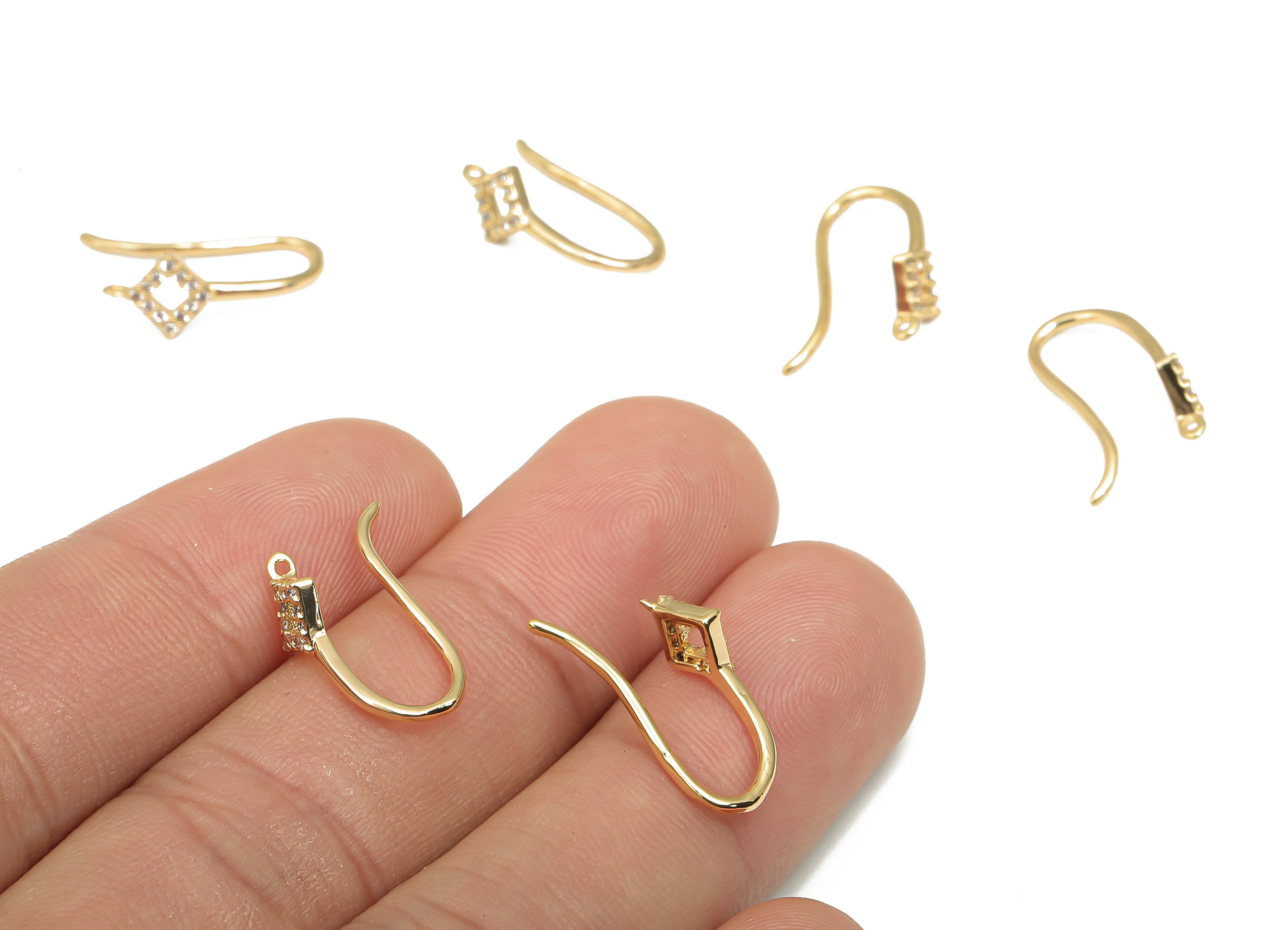 Rhombus Earring Wire With Loop - Brass Adornment Square Earrings Hooks With Zircon - 18K Real Gold Plated Brass - 18.95x8.6x1.86mm - RGP4662 - DOMEDBAZAAR