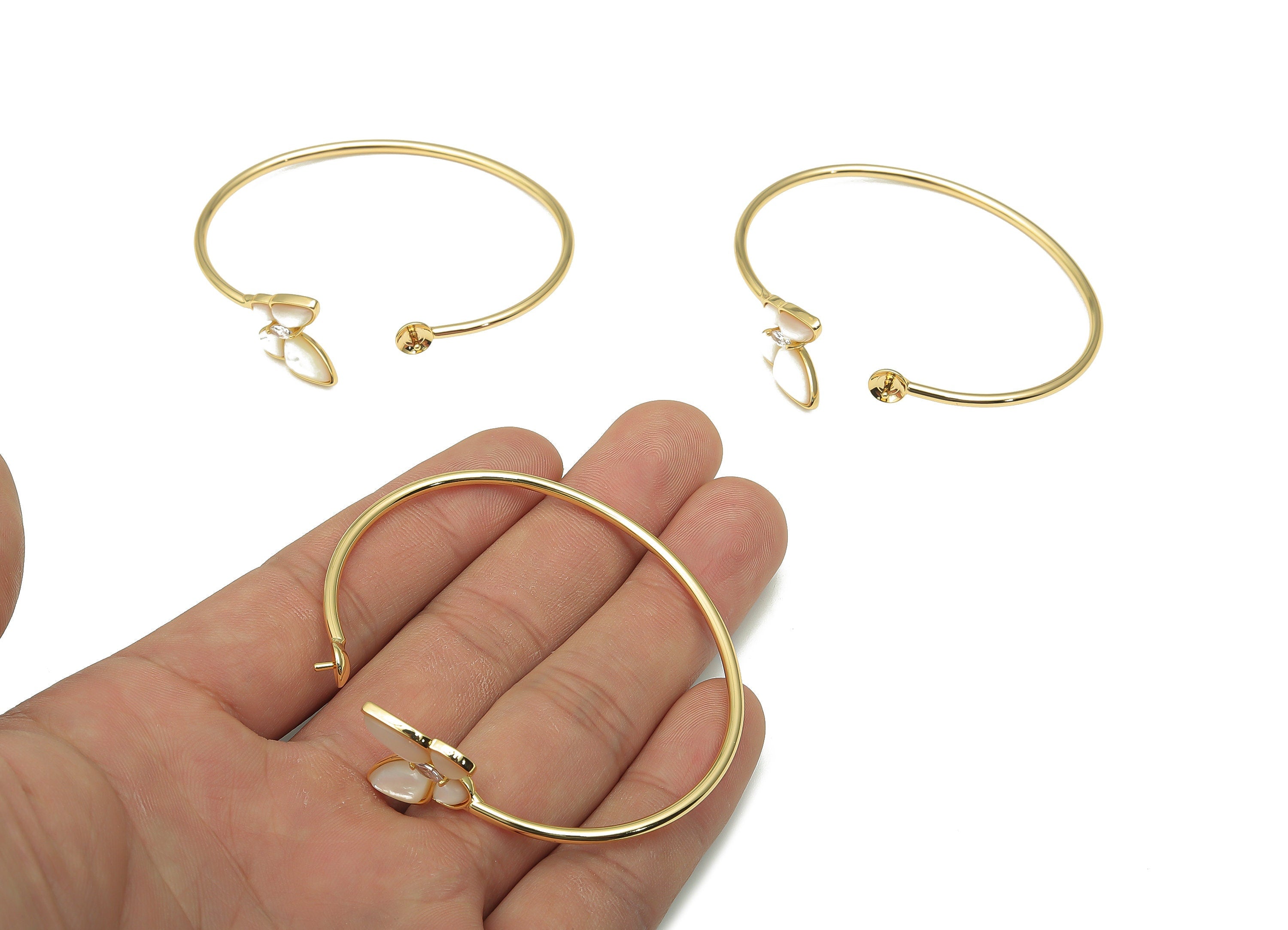 Brass Butterfly Bracelet Bangle - MOP Gold Bangles Shell Bangle - 18K Real Gold Plated Brass Bangle - Pearl - 61.63x52.36x2.04mm - RGP4668 - DOMEDBAZAAR