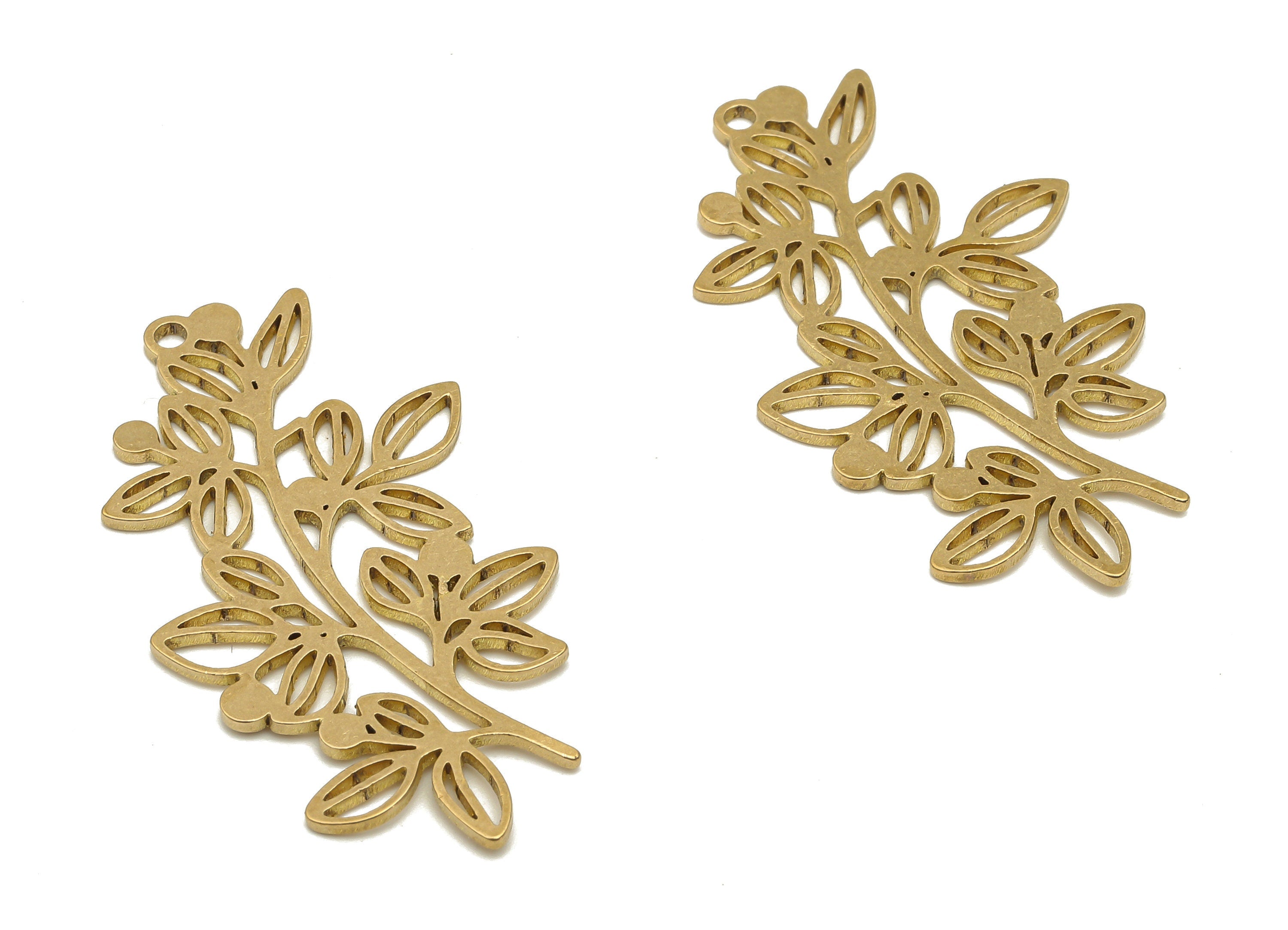 Raw Brass Branch Earrings Charms - Brass Filigree Flower Cutout Charms - Botanical Pendant - Jewelry Making - 39.38x21.8x0.9mm - PPA4160 - DOMEDBAZAAR
