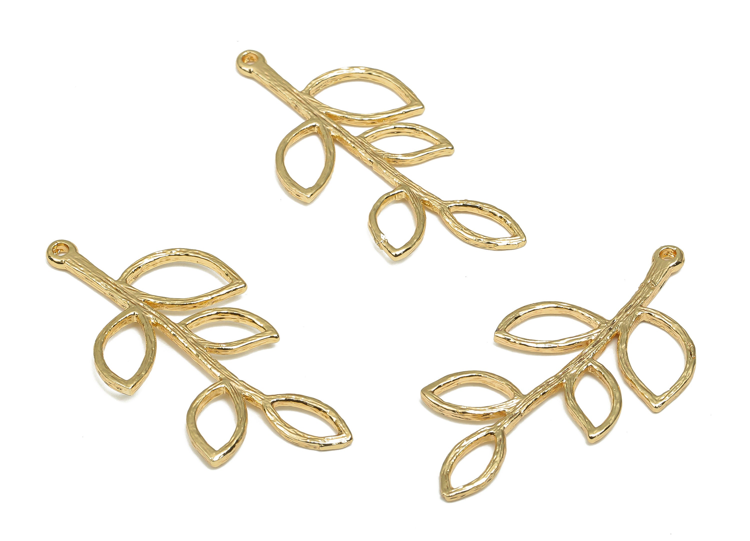 Brass Branch Earring Charm - Brass Leaf Pendant - 18K Real Gold Plated Brass - For Necklace - 35.86x17.43x1.17mm - RGP4670 - DOMEDBAZAAR