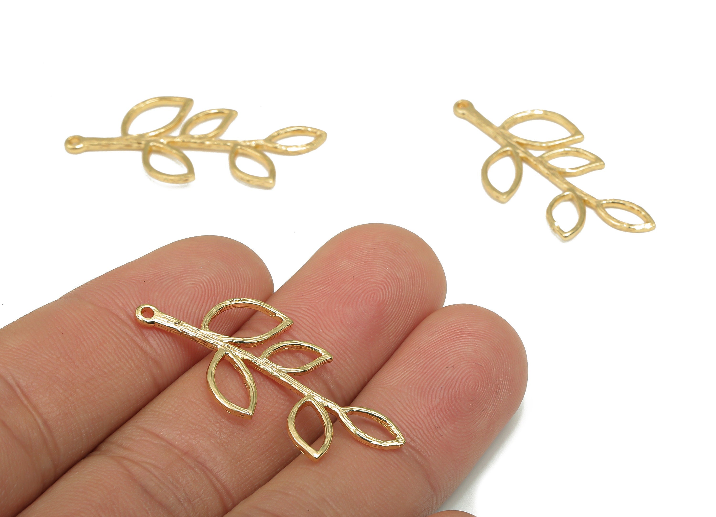 Brass Branch Earring Charm - Brass Leaf Pendant - 18K Real Gold Plated Brass - For Necklace - 35.86x17.43x1.17mm - RGP4670 - DOMEDBAZAAR