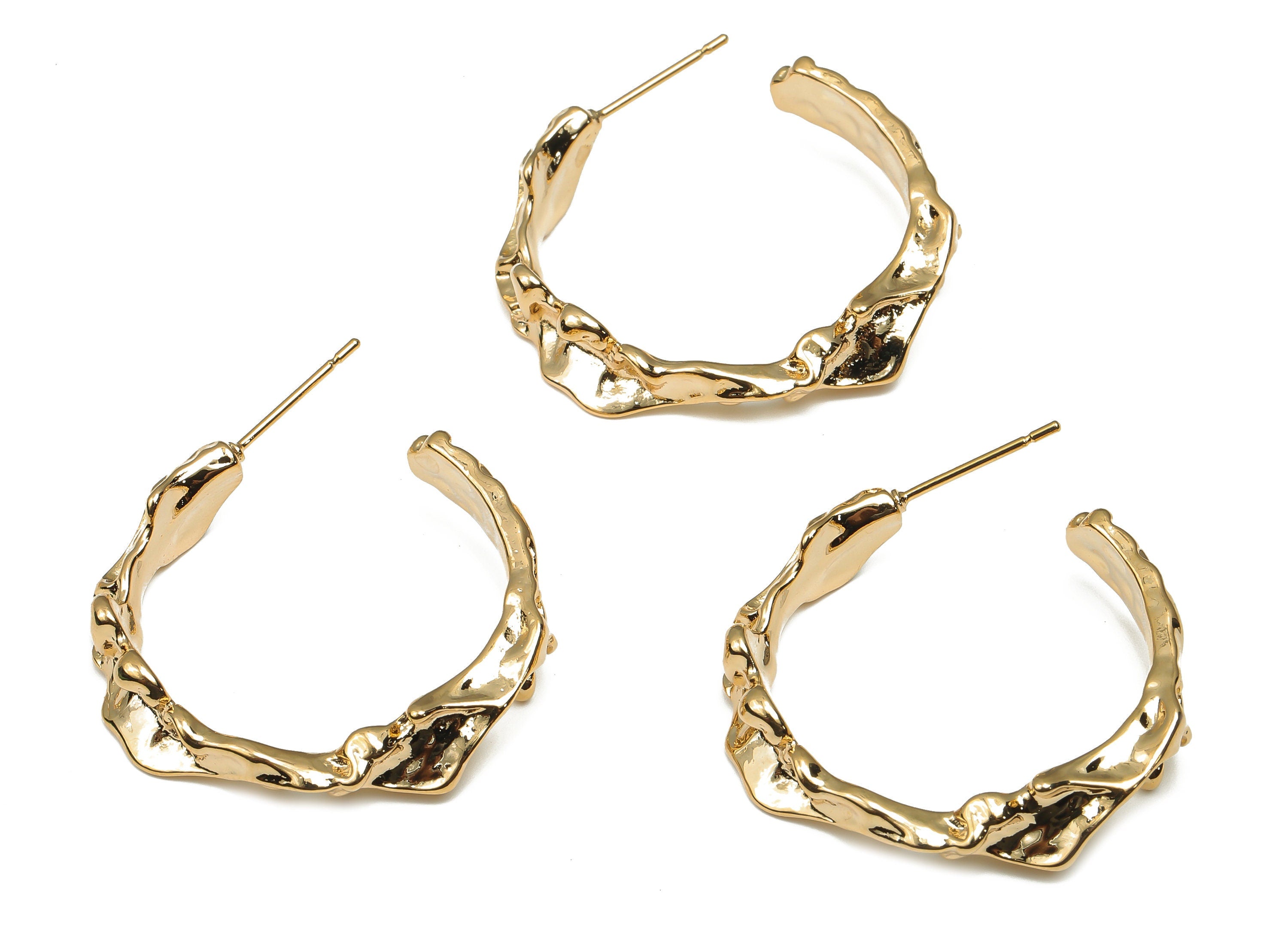 Brass C Hoop Earrings - Brass Open Hoop Earring - 18K Real Gold Plated Brass Post - Stainless Steel Post - 31.1x27.7x3.8mm-RGP4676 - DOMEDBAZAAR