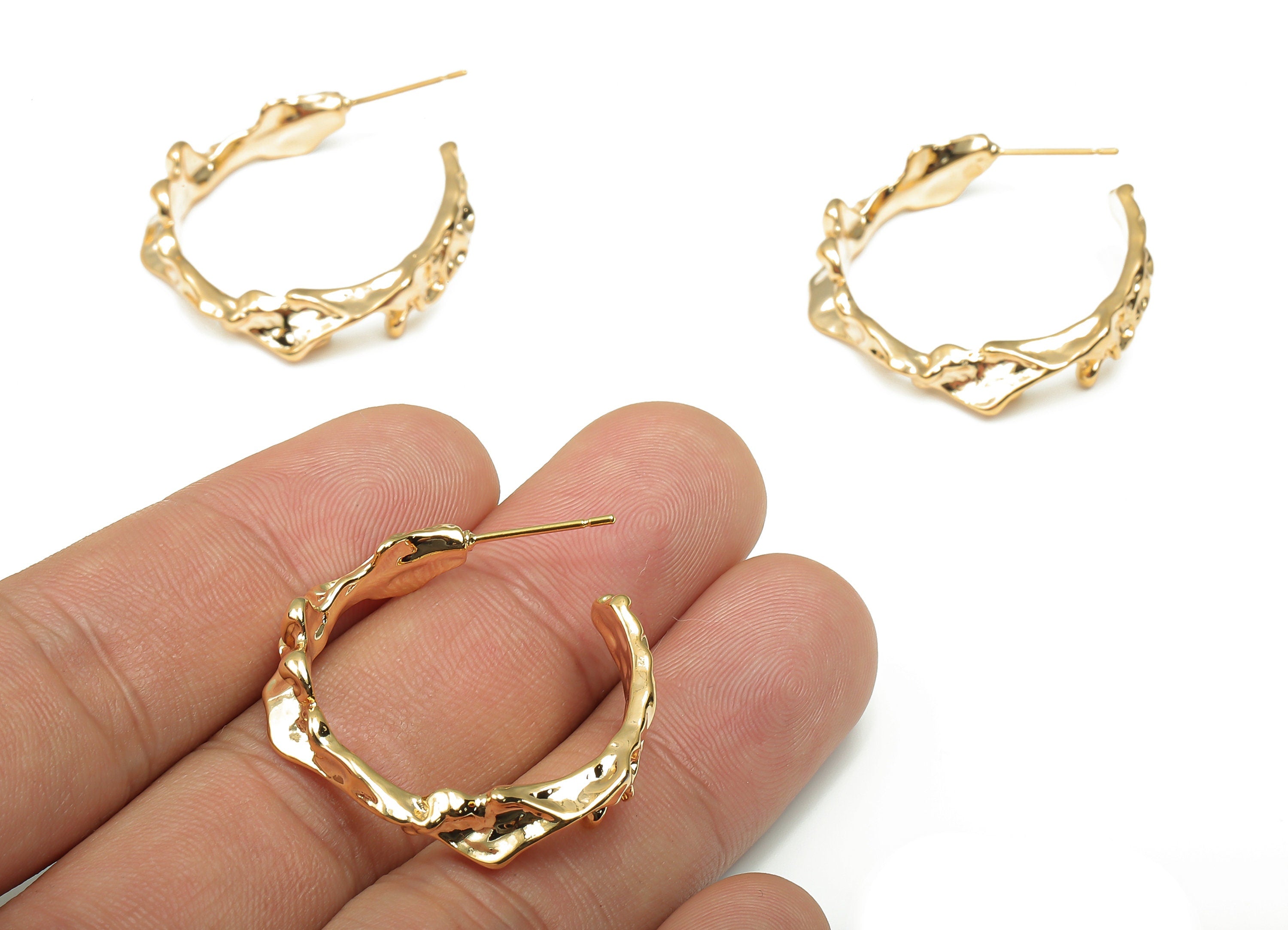 Brass C Hoop Earrings - Brass Open Hoop Earring - 18K Real Gold Plated Brass Post - Stainless Steel Post - 31.1x27.7x3.8mm-RGP4676 - DOMEDBAZAAR
