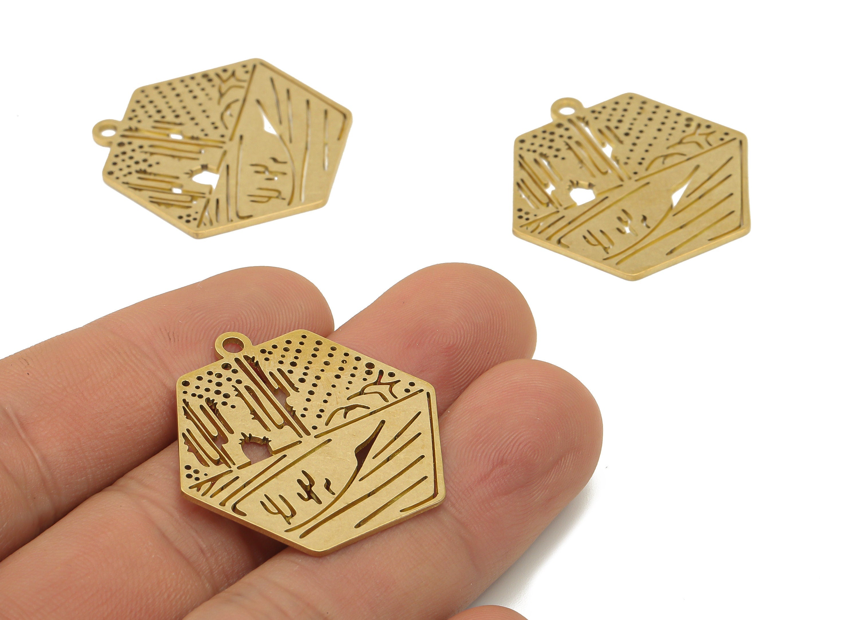 Brass Hexagon Desert Charms - Raw Brass Hexagon Cactus Cutout Earrings Charms - Laser Cut Charms - 31.76x31.07x0.78mm - PPA4454 - DOMEDBAZAAR