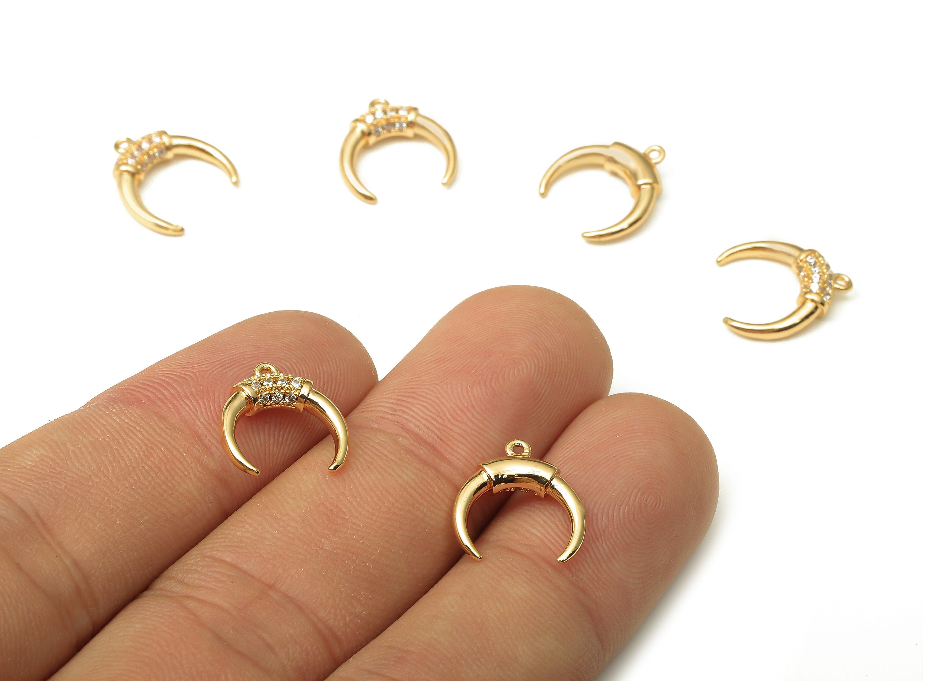 Brass Crescent Moon Earring Charms WIth Zircon - Moon Pendant With Loop - 18K Real Gold Plating - For Necklace - 12.8x11.93x3.16mm - RGP5225 - DOMEDBAZAAR