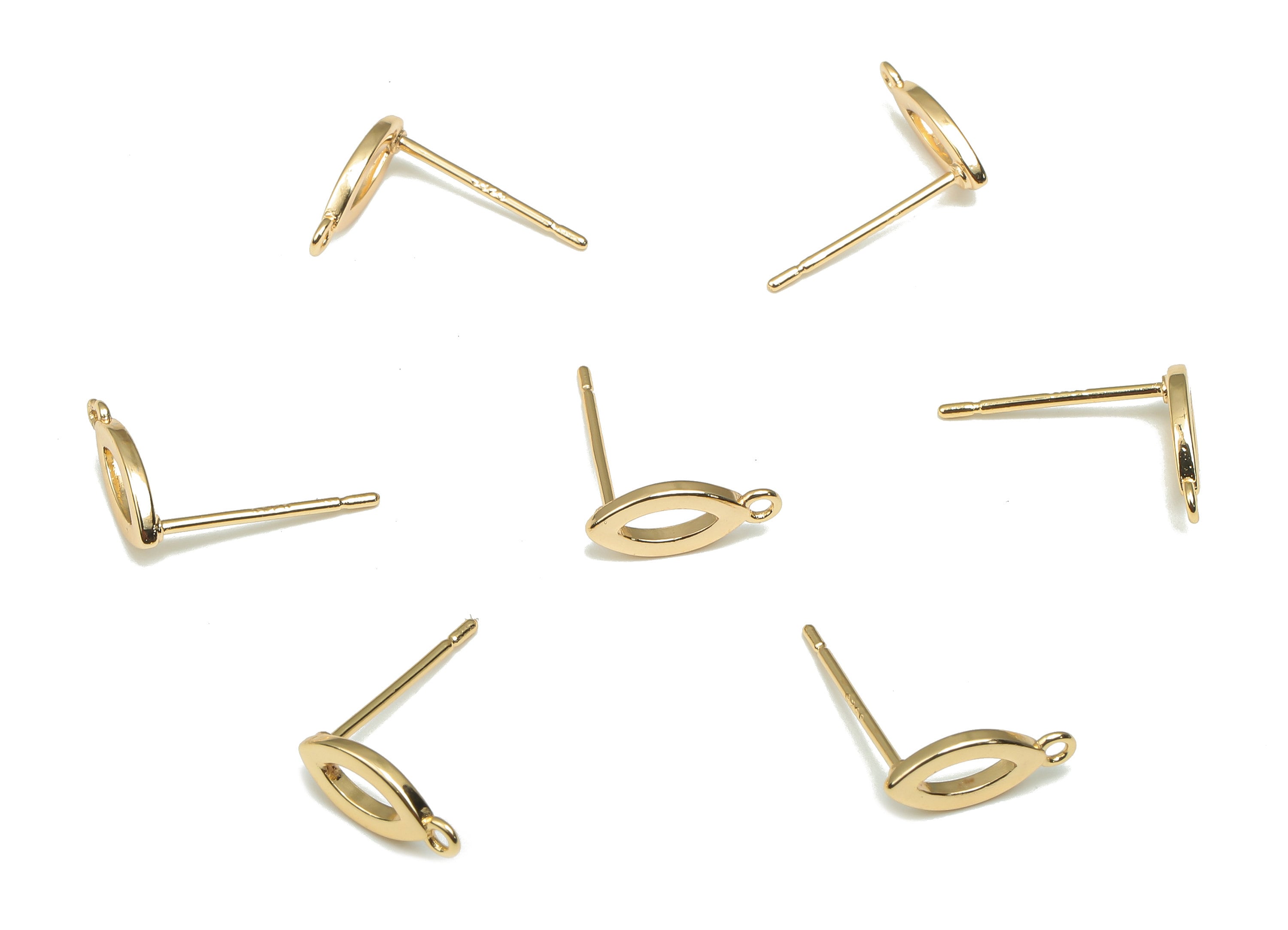 Brass Marquise Stud Earrings - Marquise Earrings Posts With Loop - Stainless Steel Stud - 18K Real Gold Plating - 10.07x4.47x1mm - RGP4699 - DOMEDBAZAAR